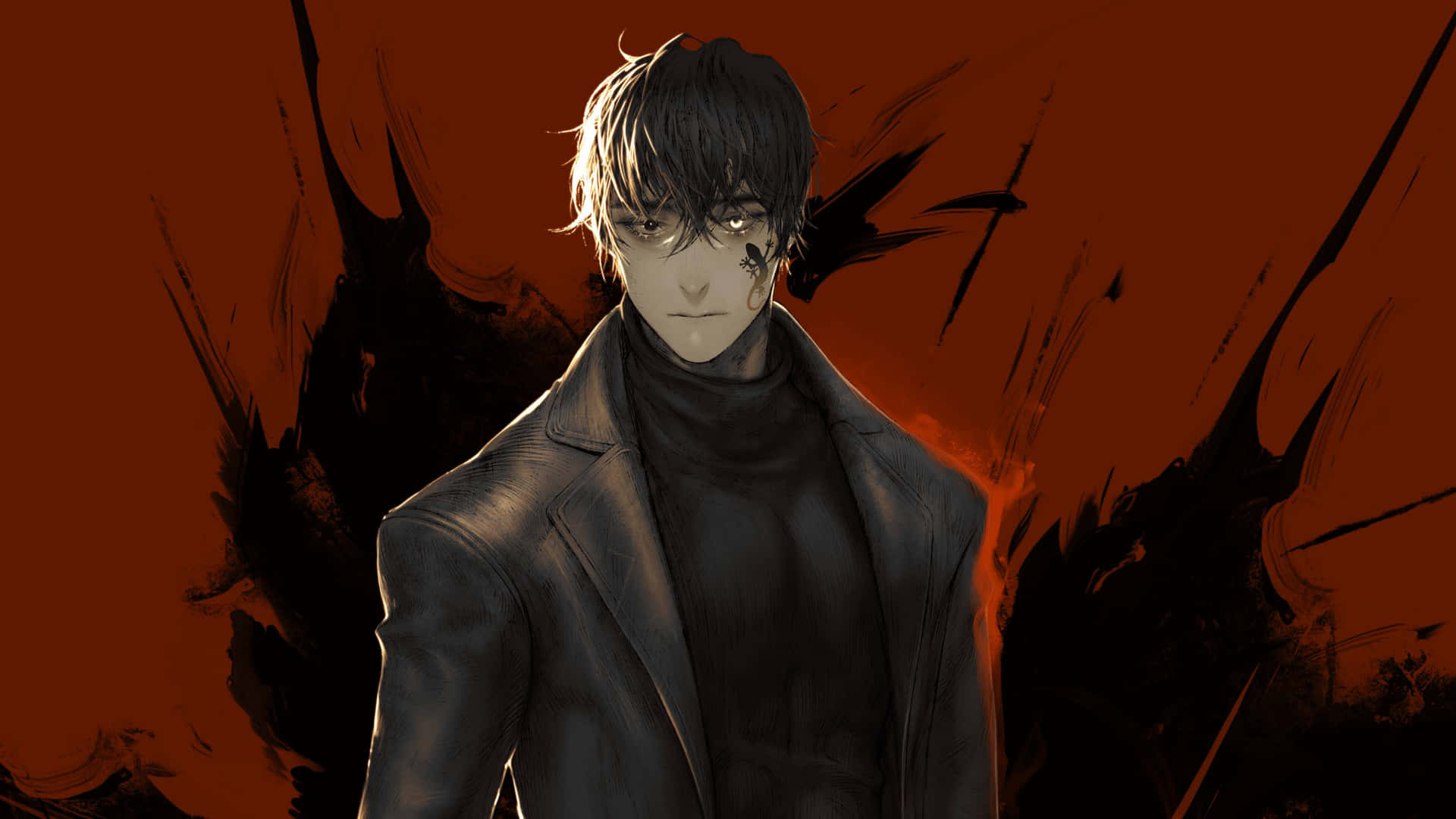 A Man In A Black Suit Standing In Front Of A Red Background Background