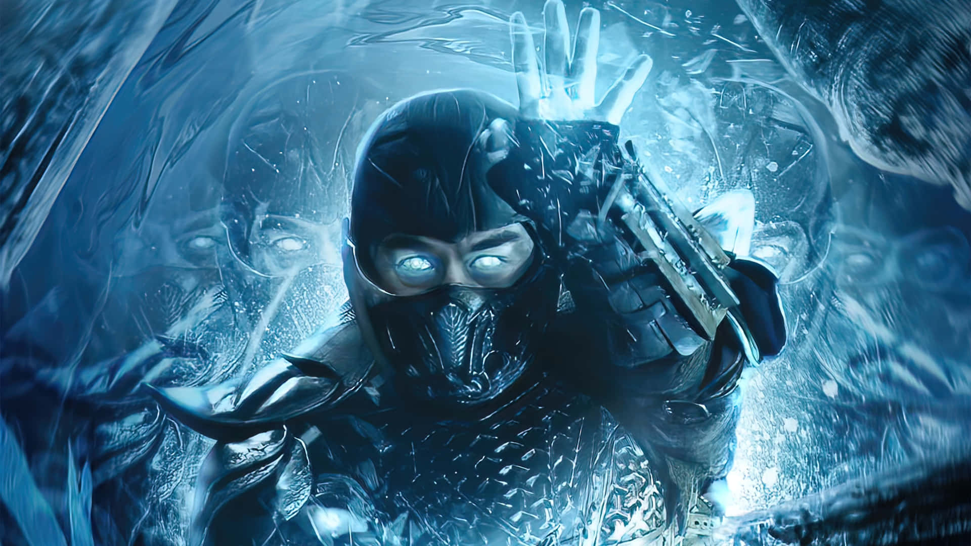 A Man In A Blue Costume Is Holding A Sword Background
