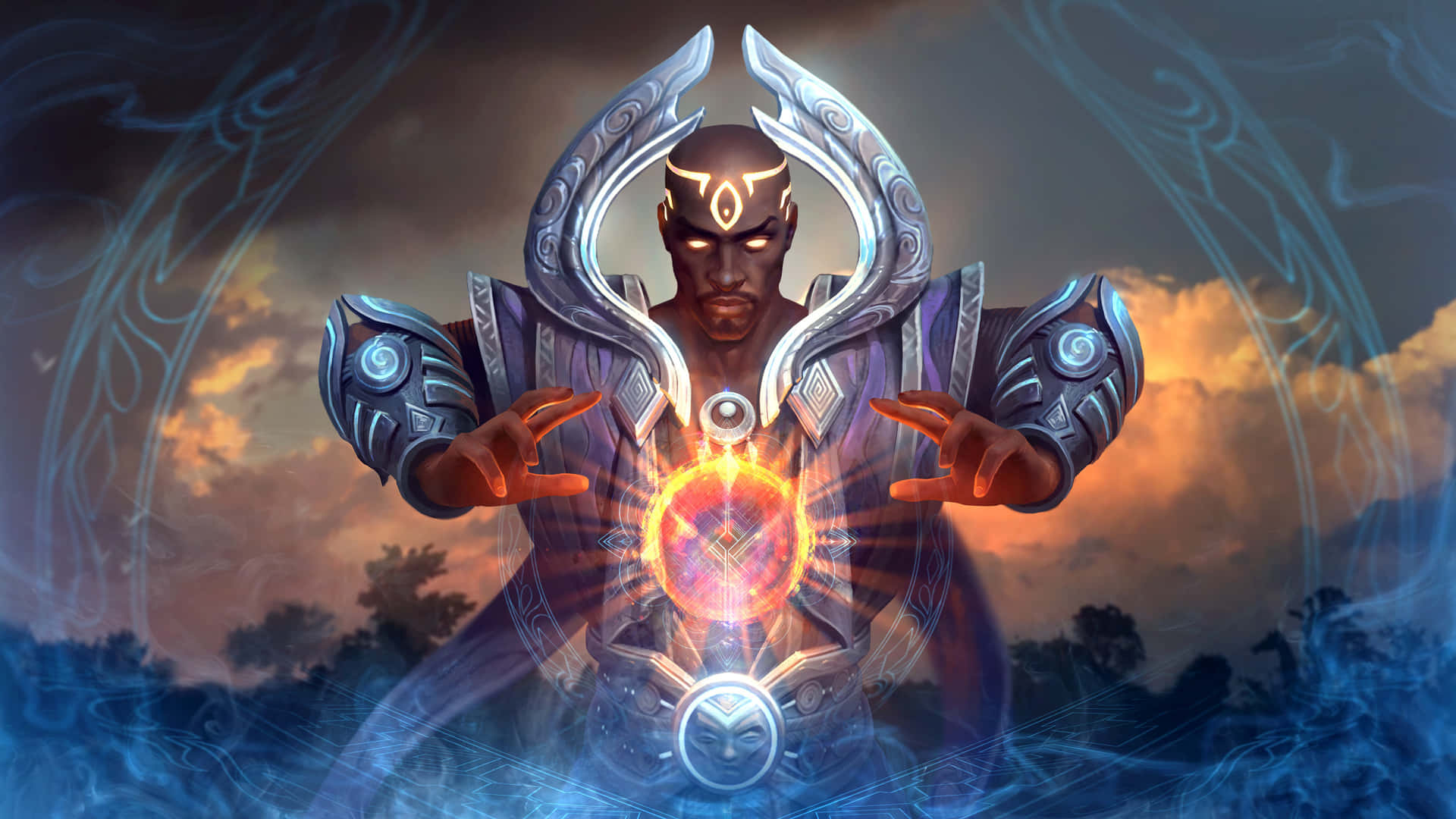 A Man In A Blue Costume With A Sword Background