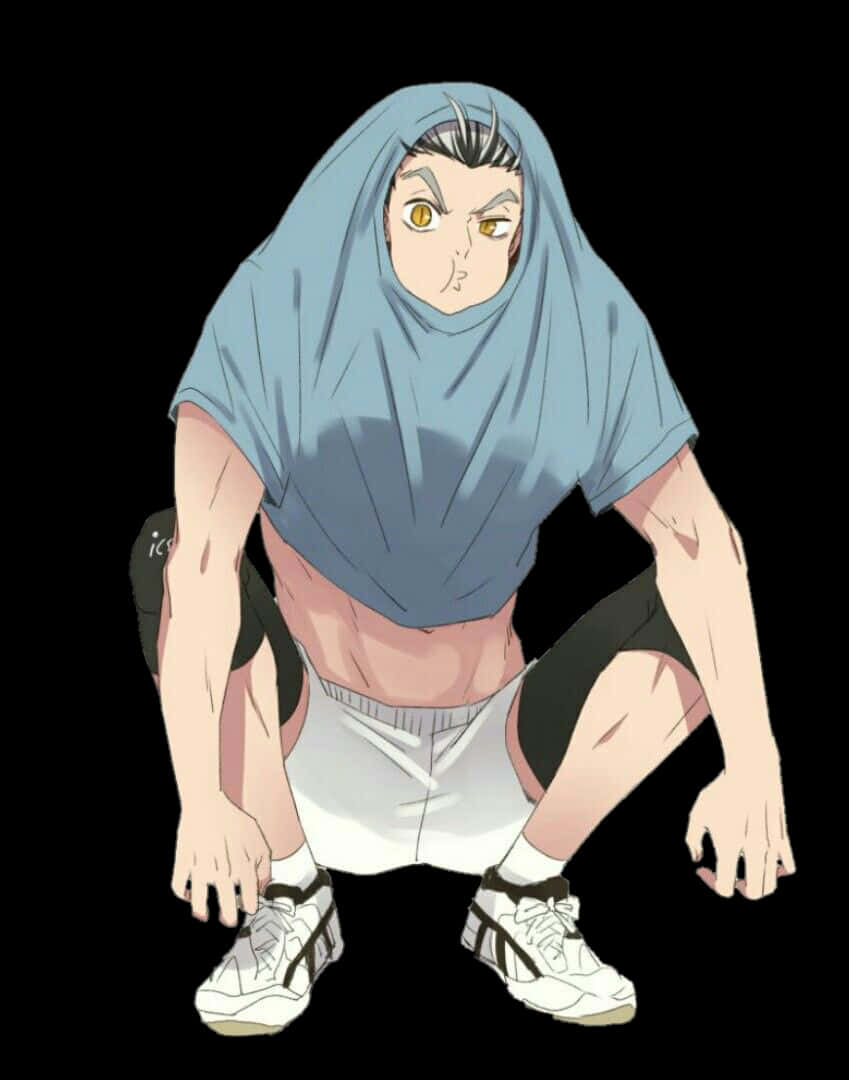 A Man In A Blue Hoodie Crouching Down Background