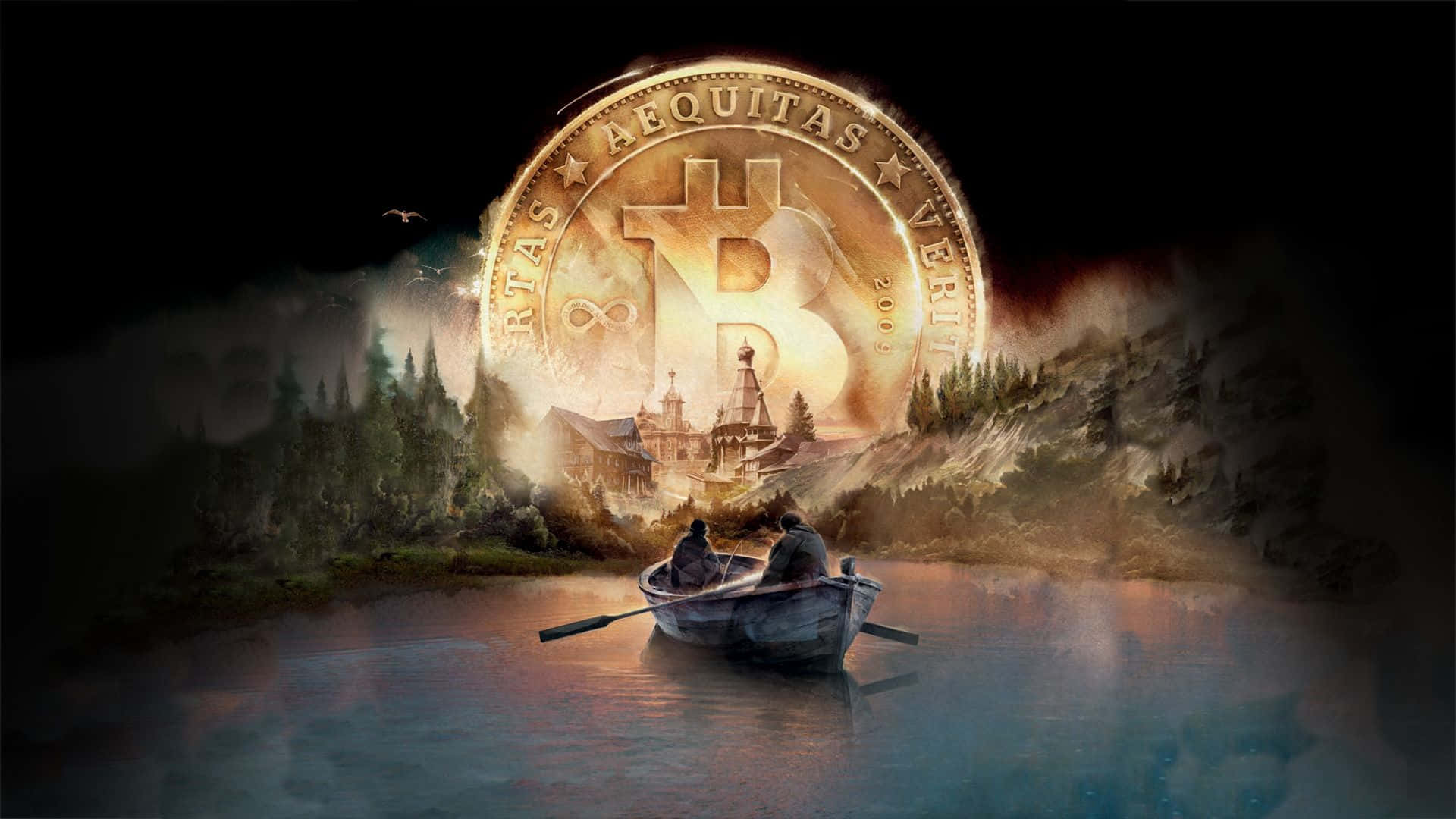 A Man In A Boat Is In The Water With A Bitcoin Coin Background