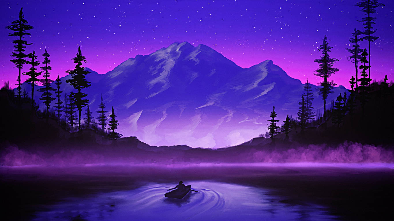 A Man In A Canoe On A Lake At Night Background