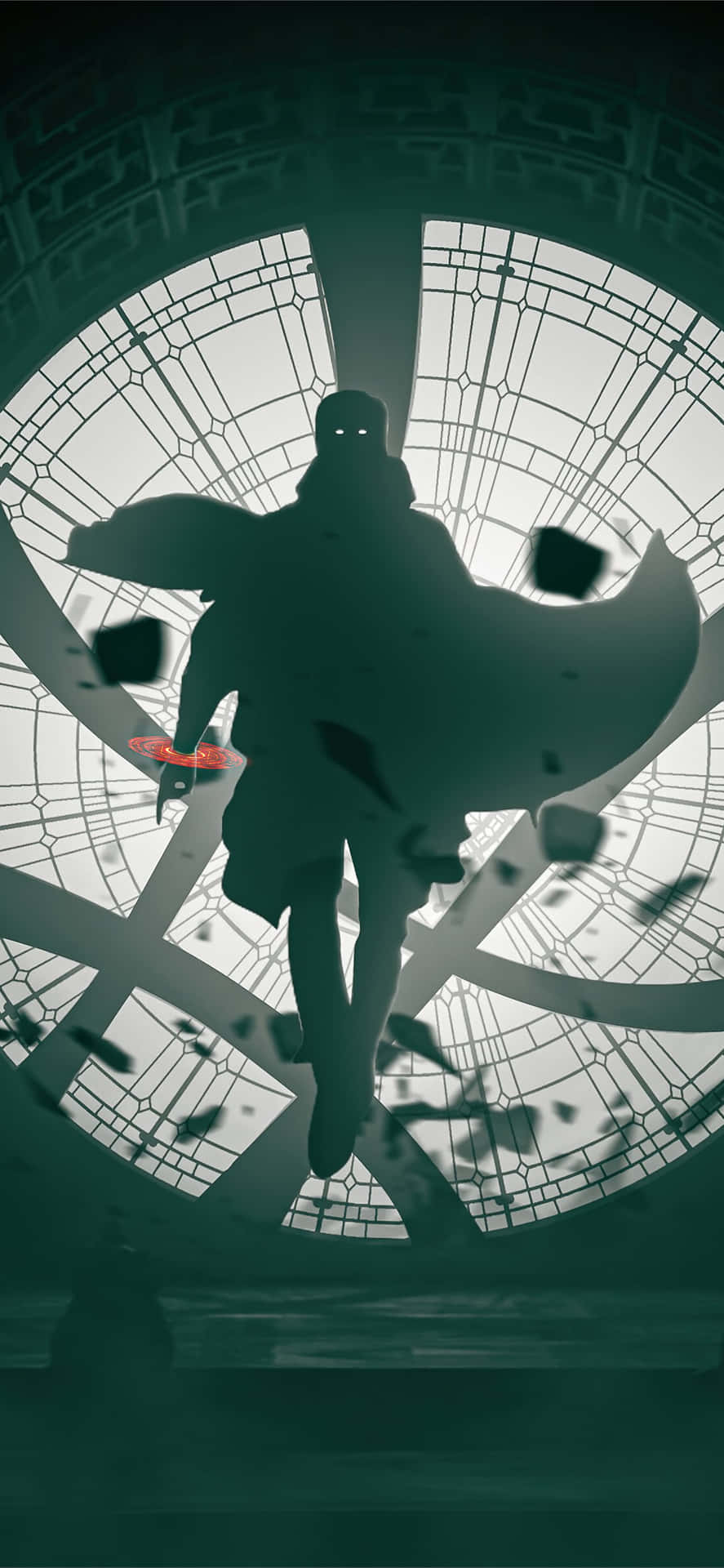 A Man In A Cape Is Flying Through A Circular Window Background