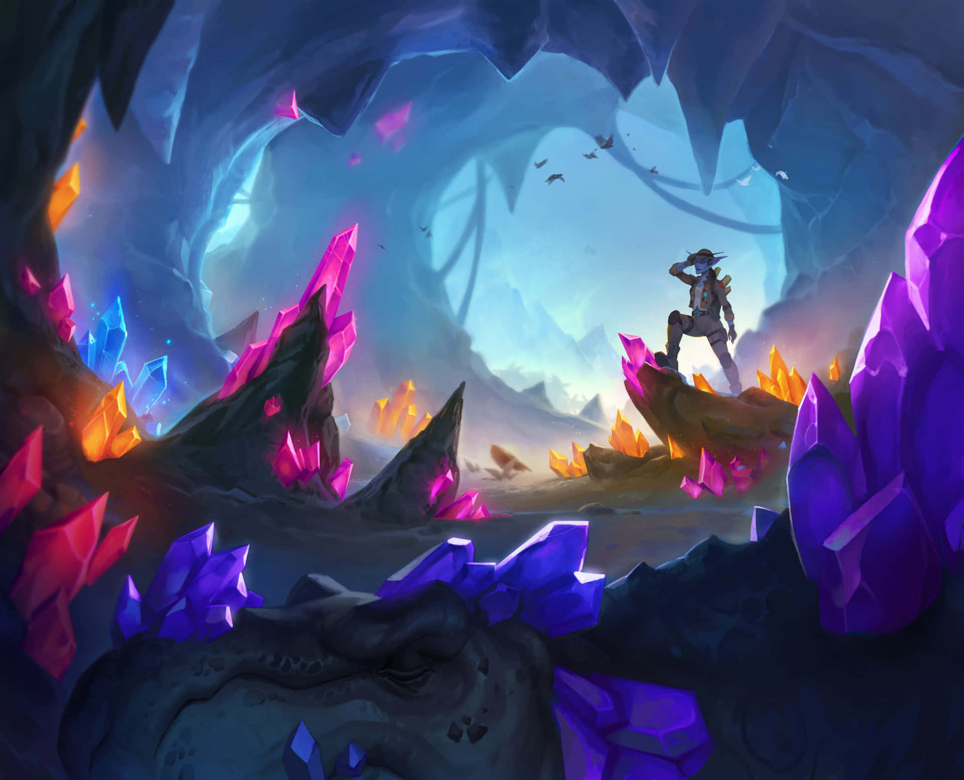 A Man In A Cave With A Lot Of Crystals Background