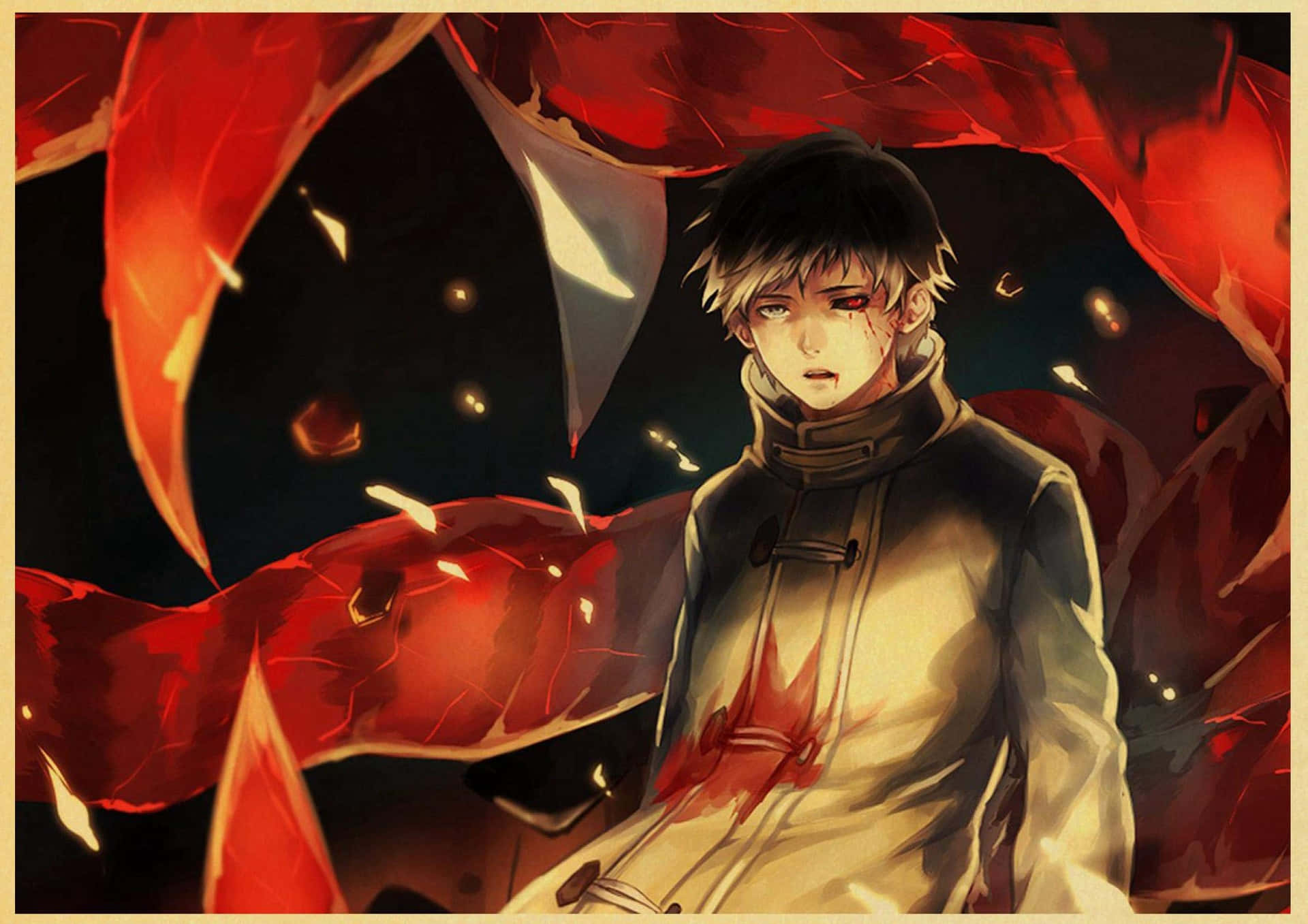 A Man In A Coat Standing In Front Of A Red Dragon Background