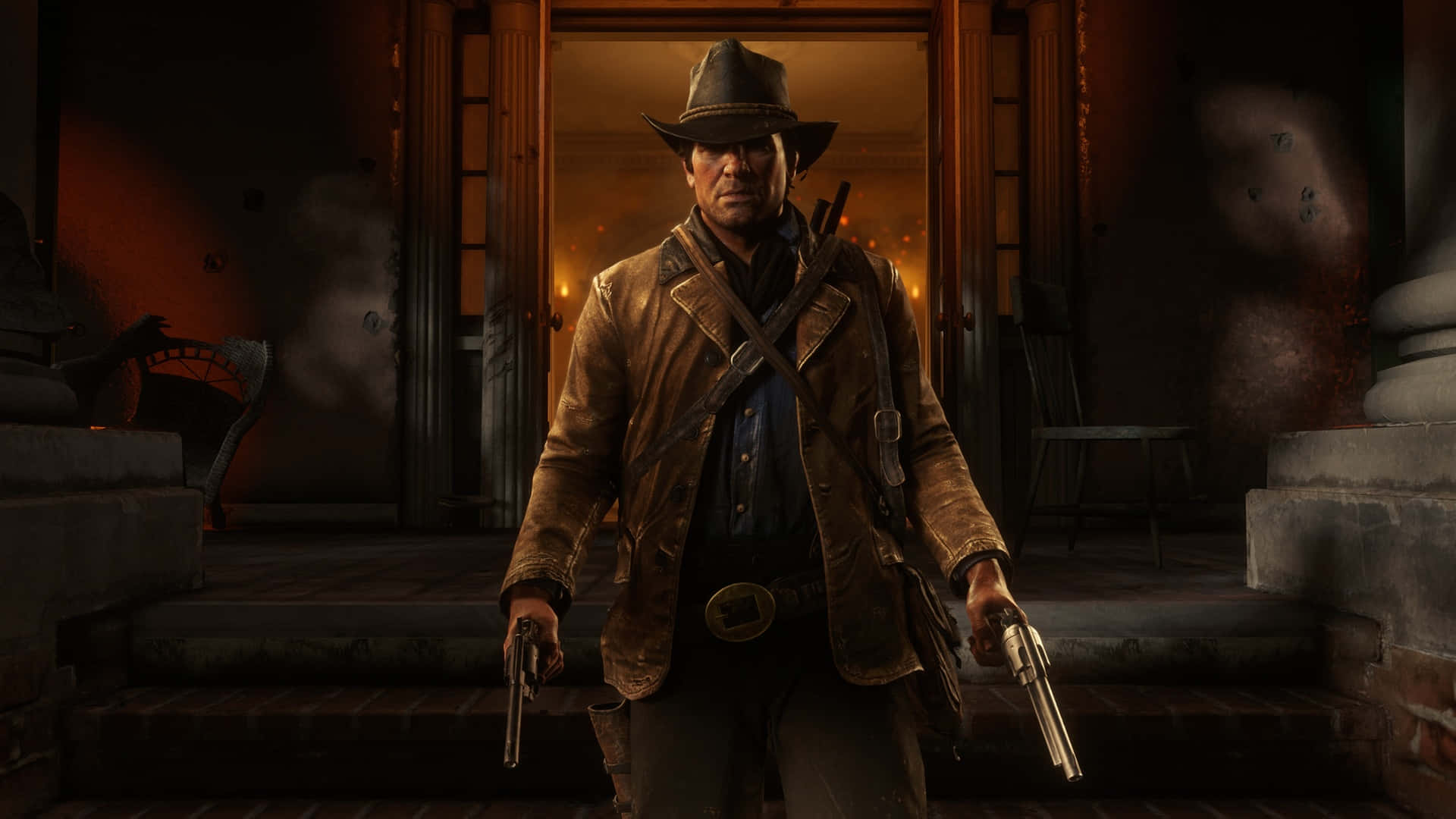 A Man In A Cowboy Hat And Hat Is Standing In Front Of A Door Background