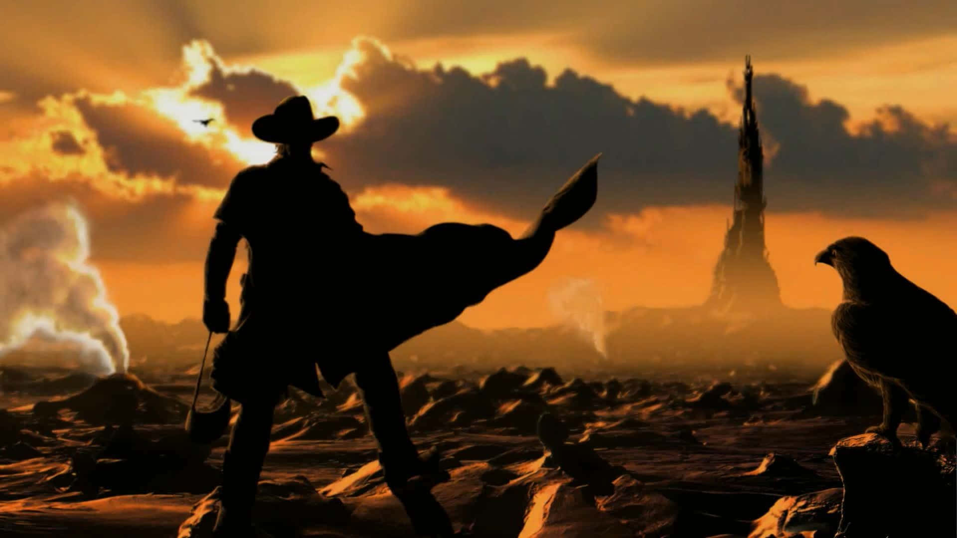 A Man In A Cowboy Hat Is Standing In Front Of A Tower Background