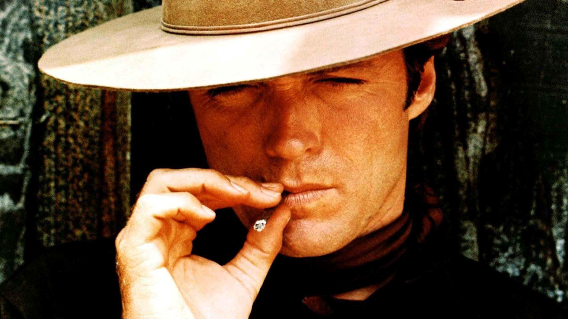 A Man In A Cowboy Hat Smoking A Cigarette