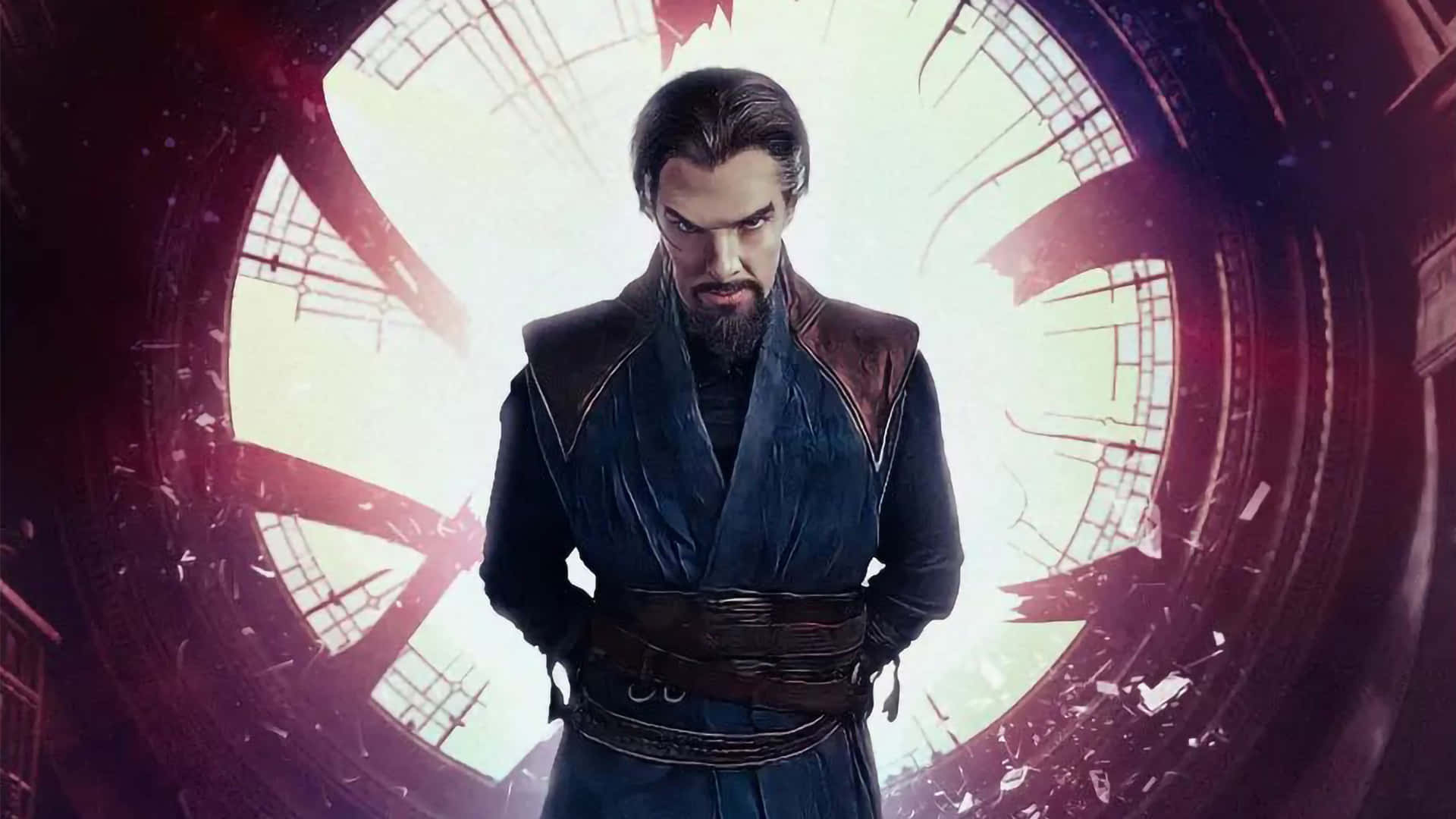 A Man In A Dark Blue Outfit Standing In Front Of A Circular Door Background