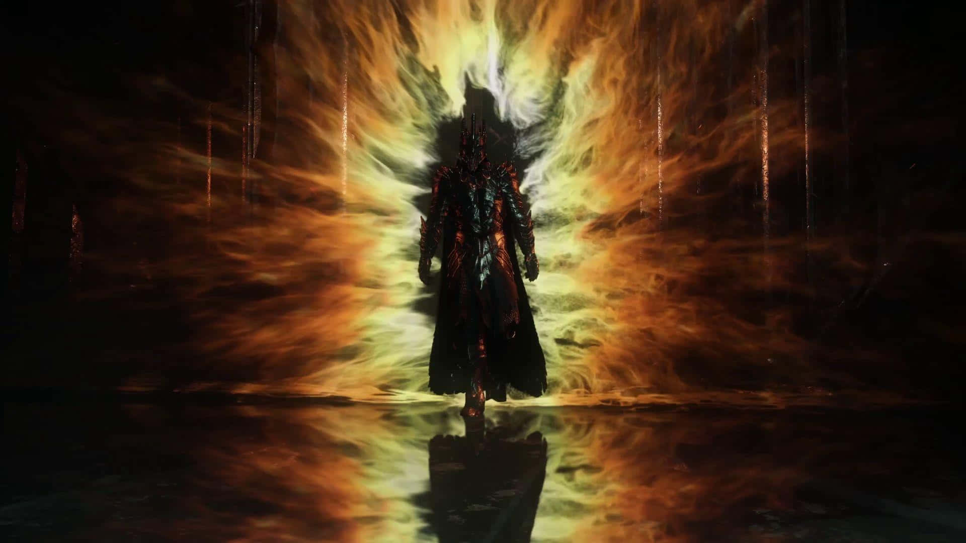 A Man In A Dark Room With Fire Coming Out Of His Eyes Background
