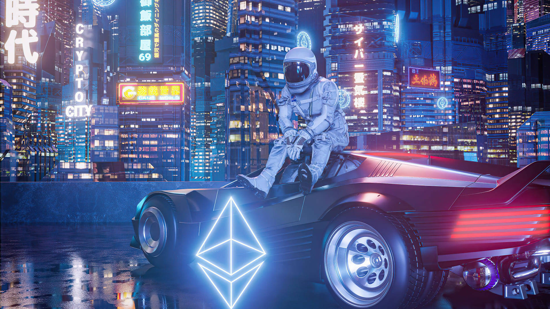 A Man In A Futuristic Car Sitting On Top Of A City Background