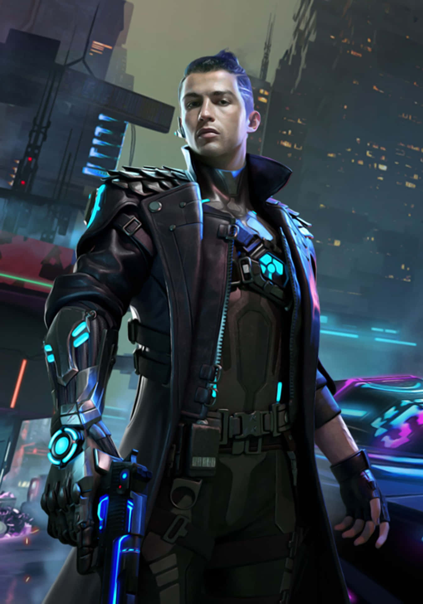 A Man In A Futuristic Outfit Standing In A City Background
