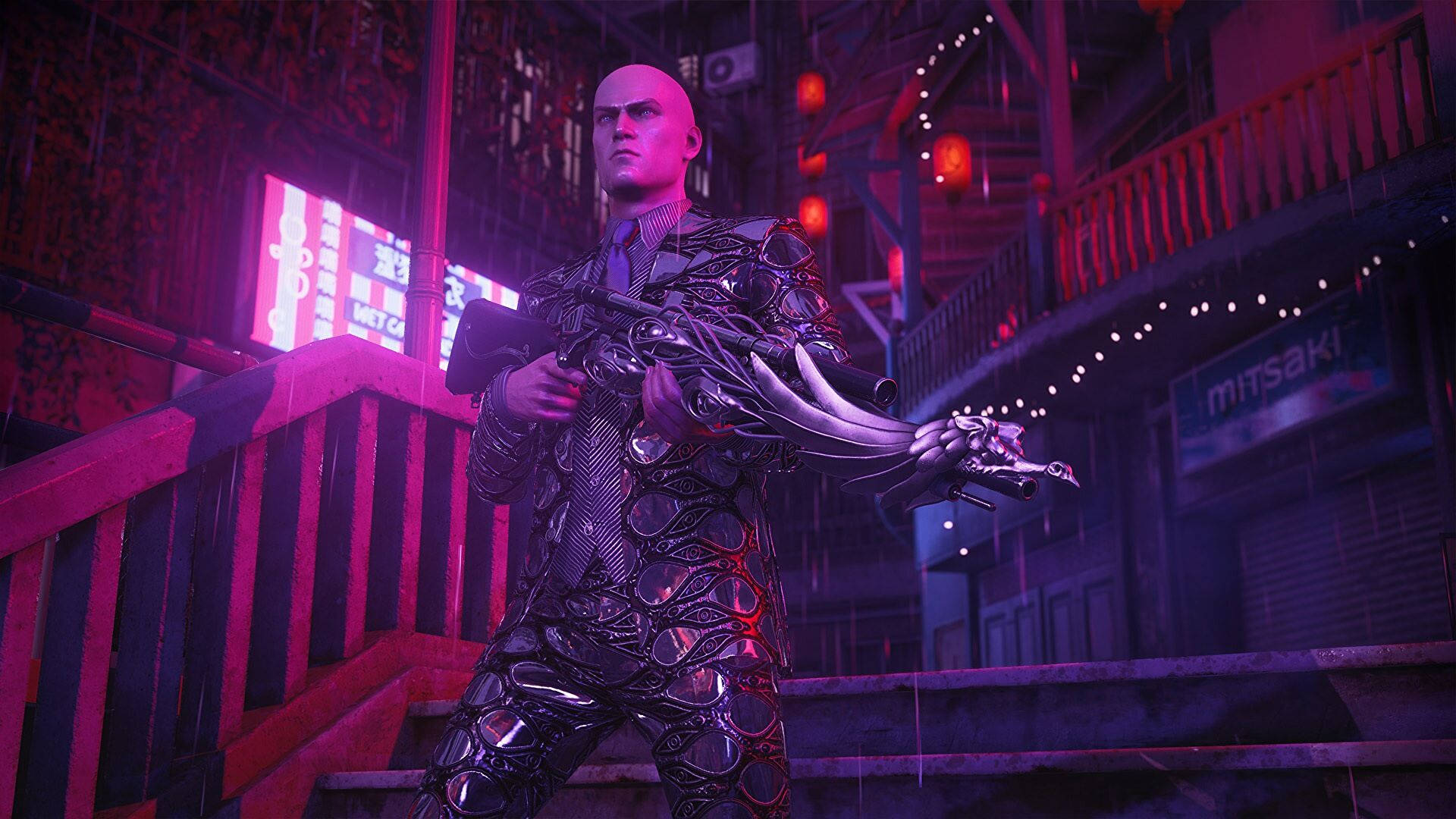 A Man In A Futuristic Outfit Standing On Steps Background