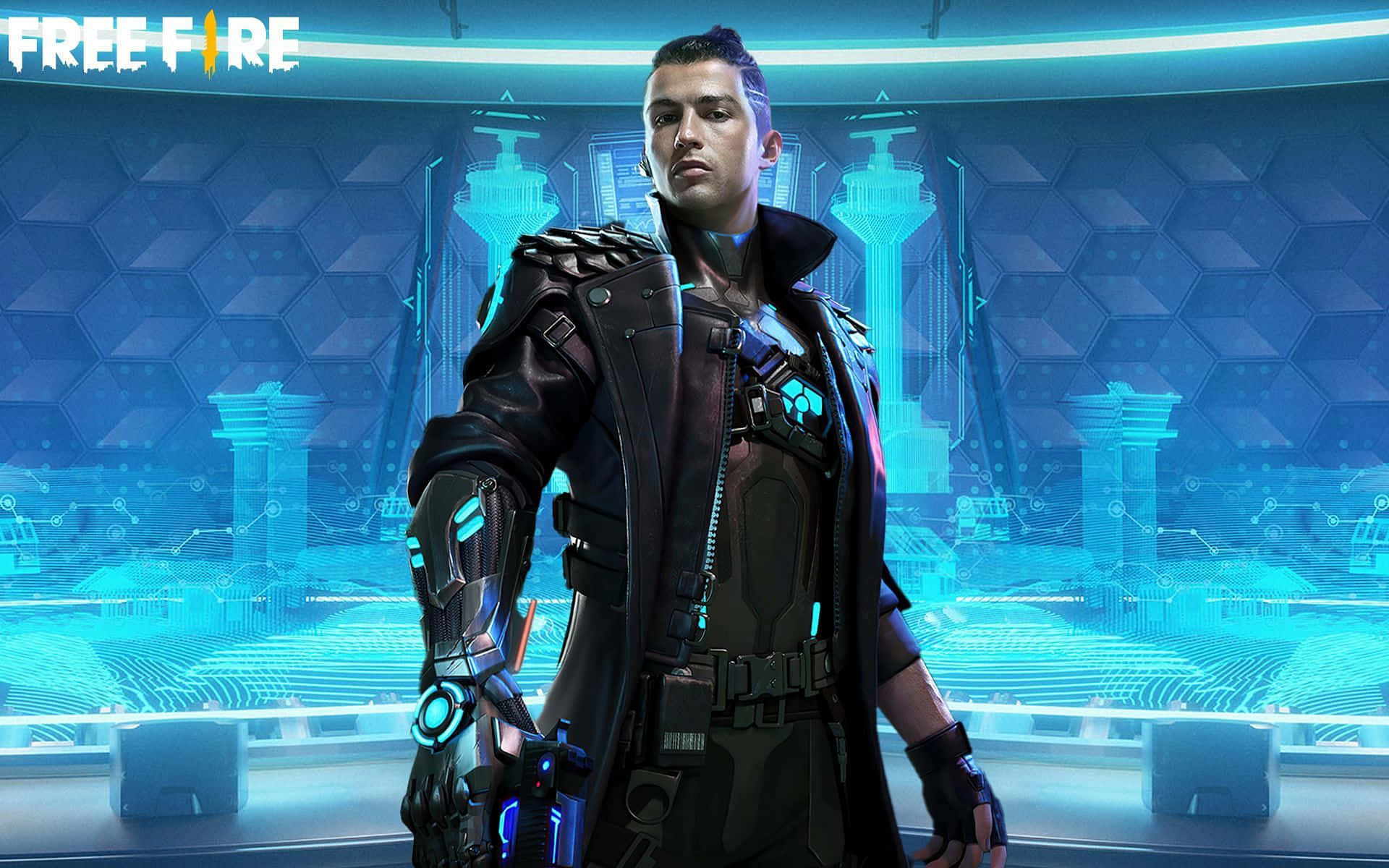 A Man In A Futuristic Setting Holding A Gun Background