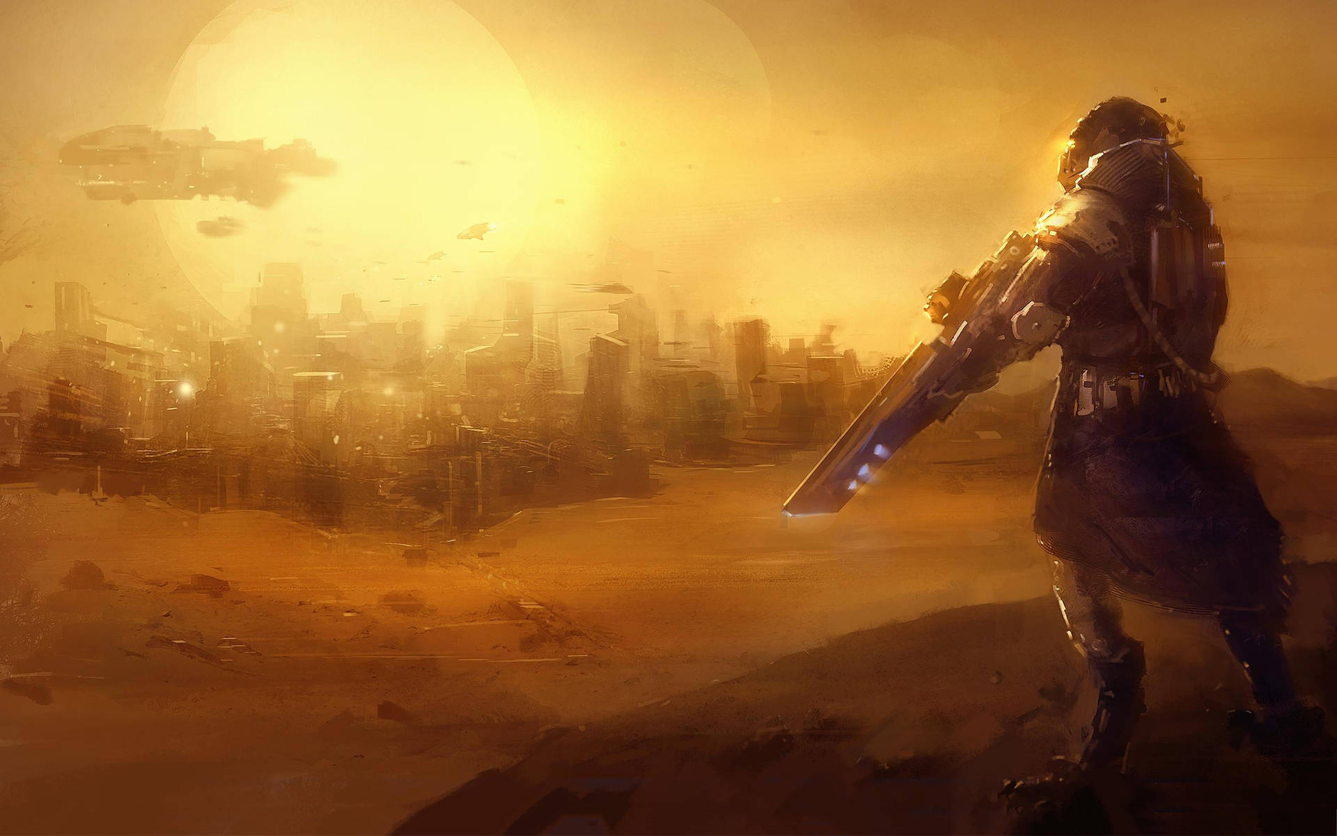 A Man In A Futuristic Suit Is Standing In The Desert Background