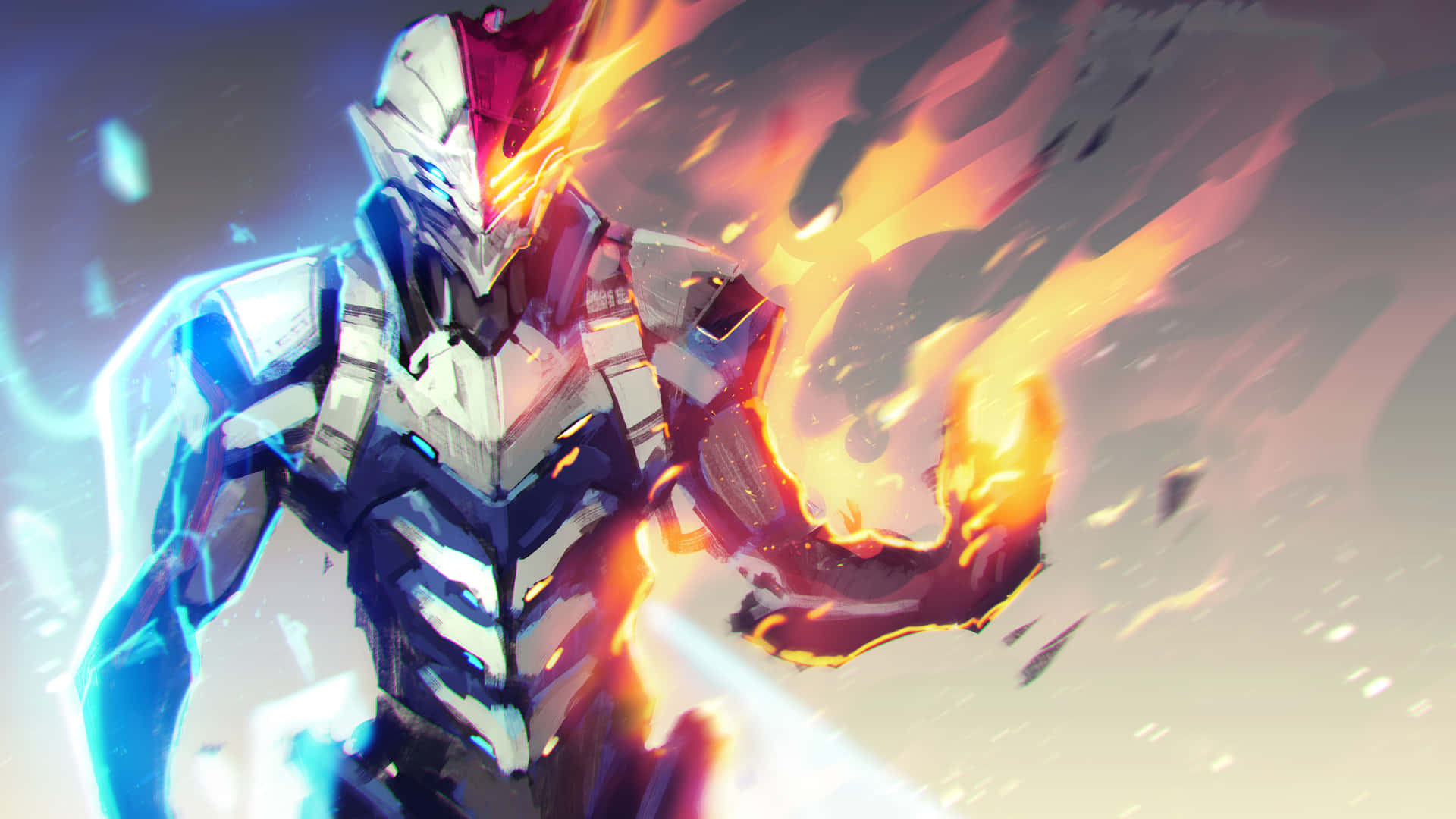 A Man In A Futuristic Suit With Fire In His Hands Background