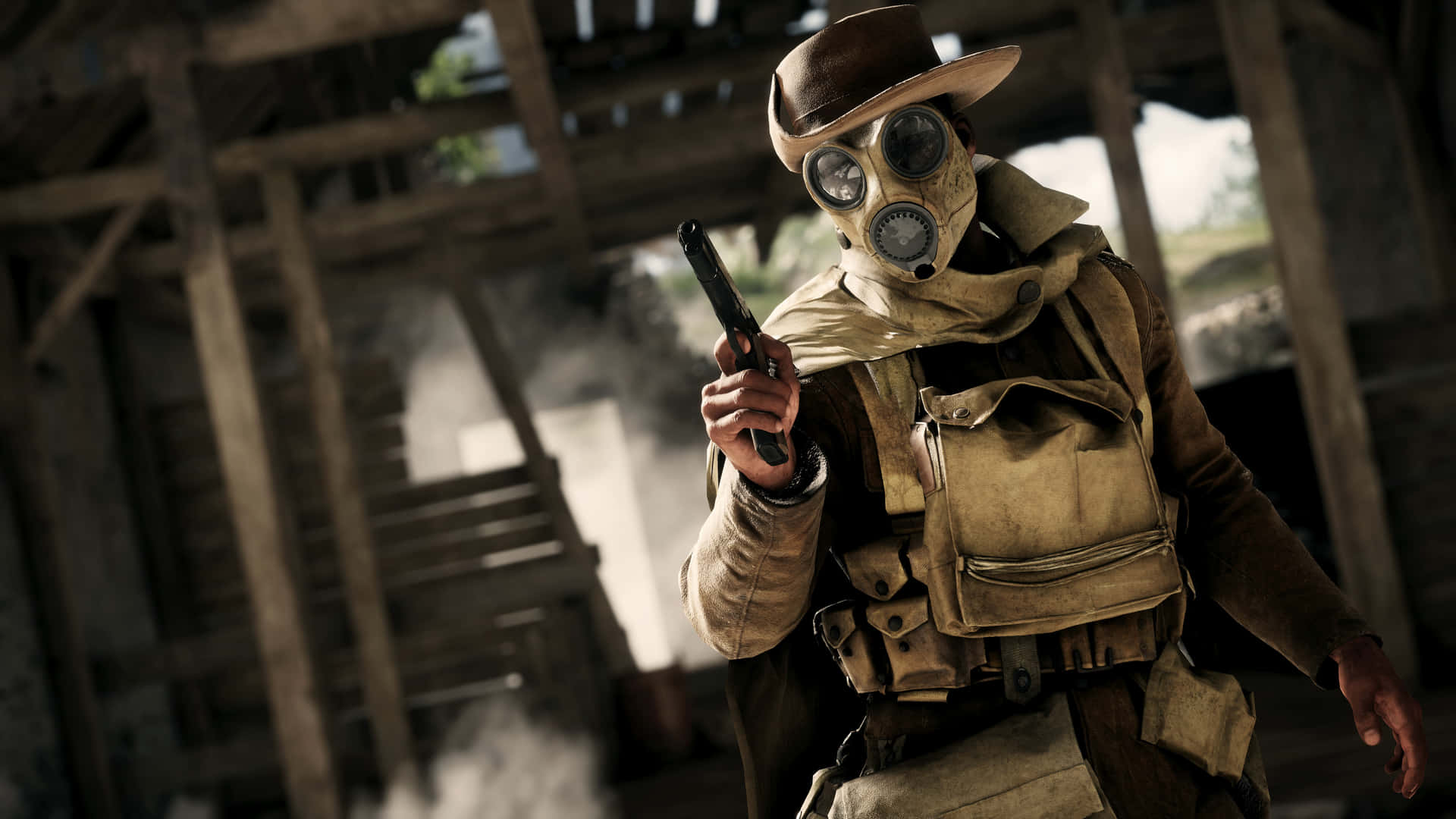 A Man In A Gas Mask Is Holding A Gun Background