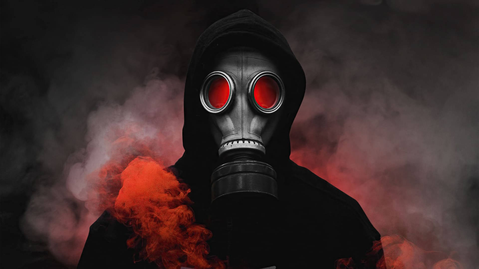 A Man In A Gas Mask With Red Eyes Background