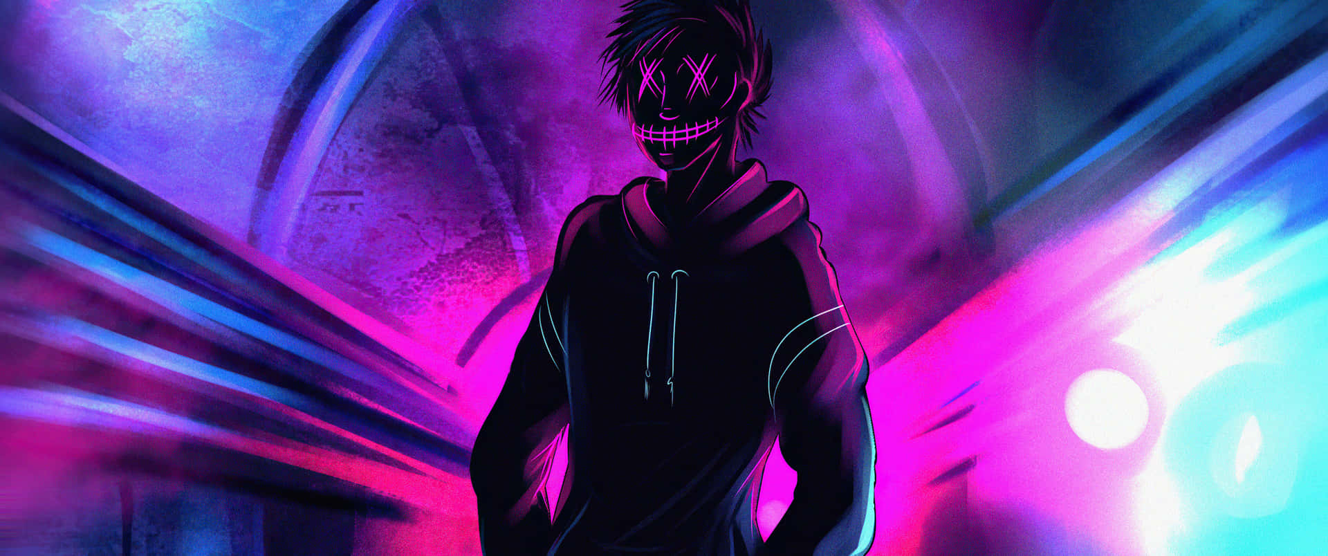 A Man In A Hoodie Standing In Front Of A Purple Light Background