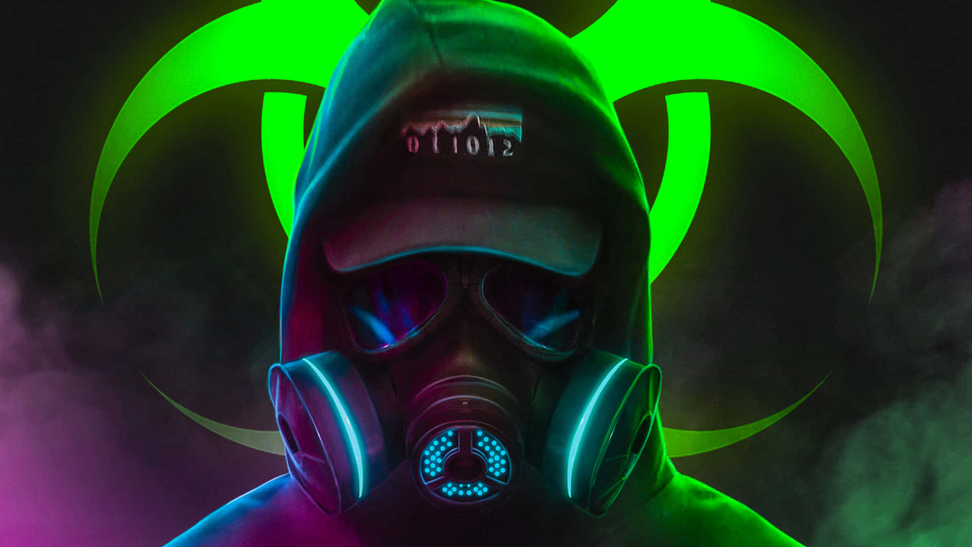 A Man In A Hoodie With A Gas Mask Background