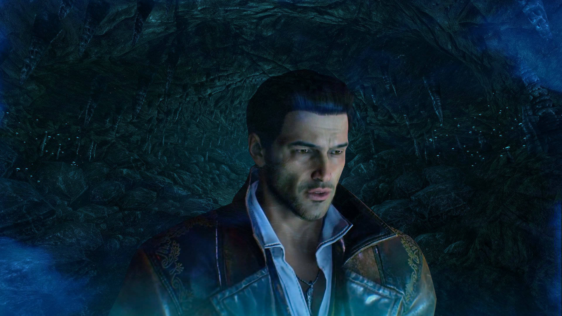 A Man In A Jacket Standing In A Cave Background