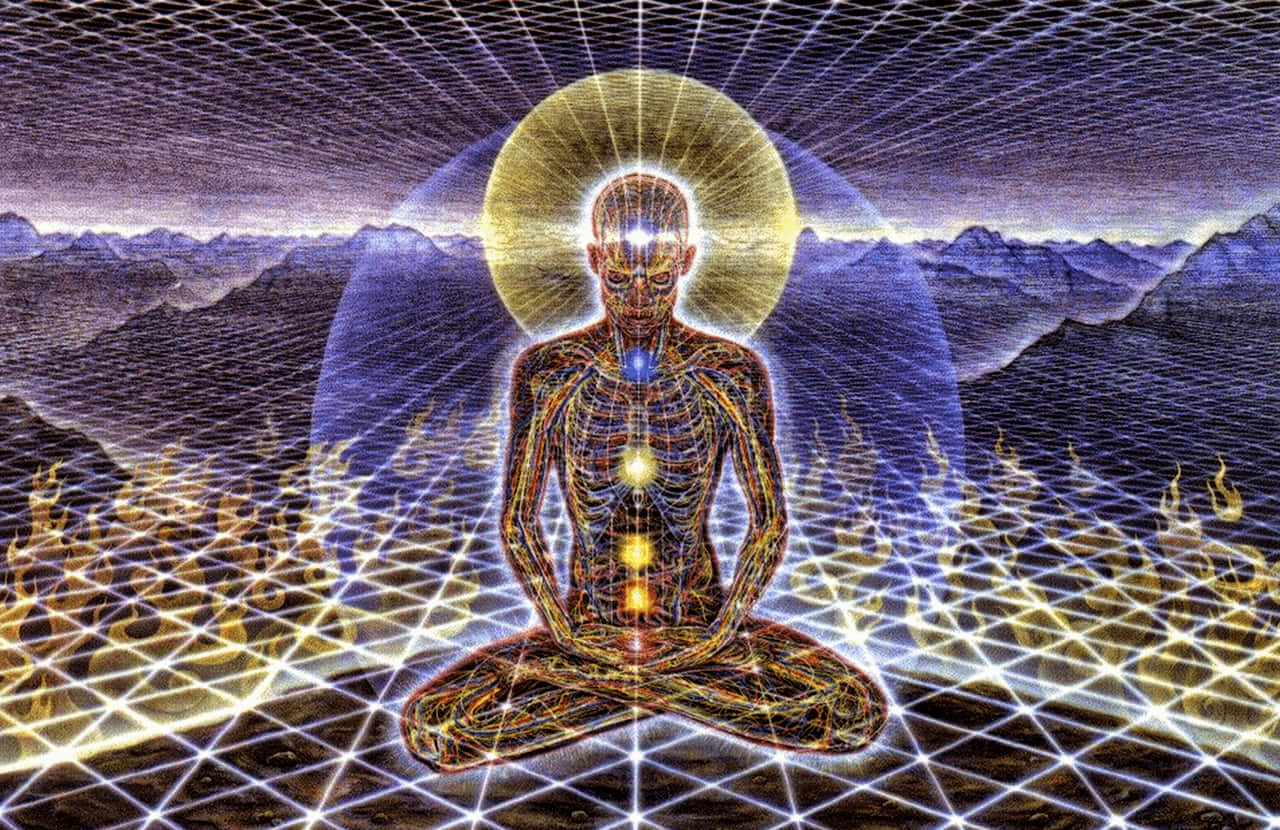A Man In A Lotus Position With A Glowing Light Background