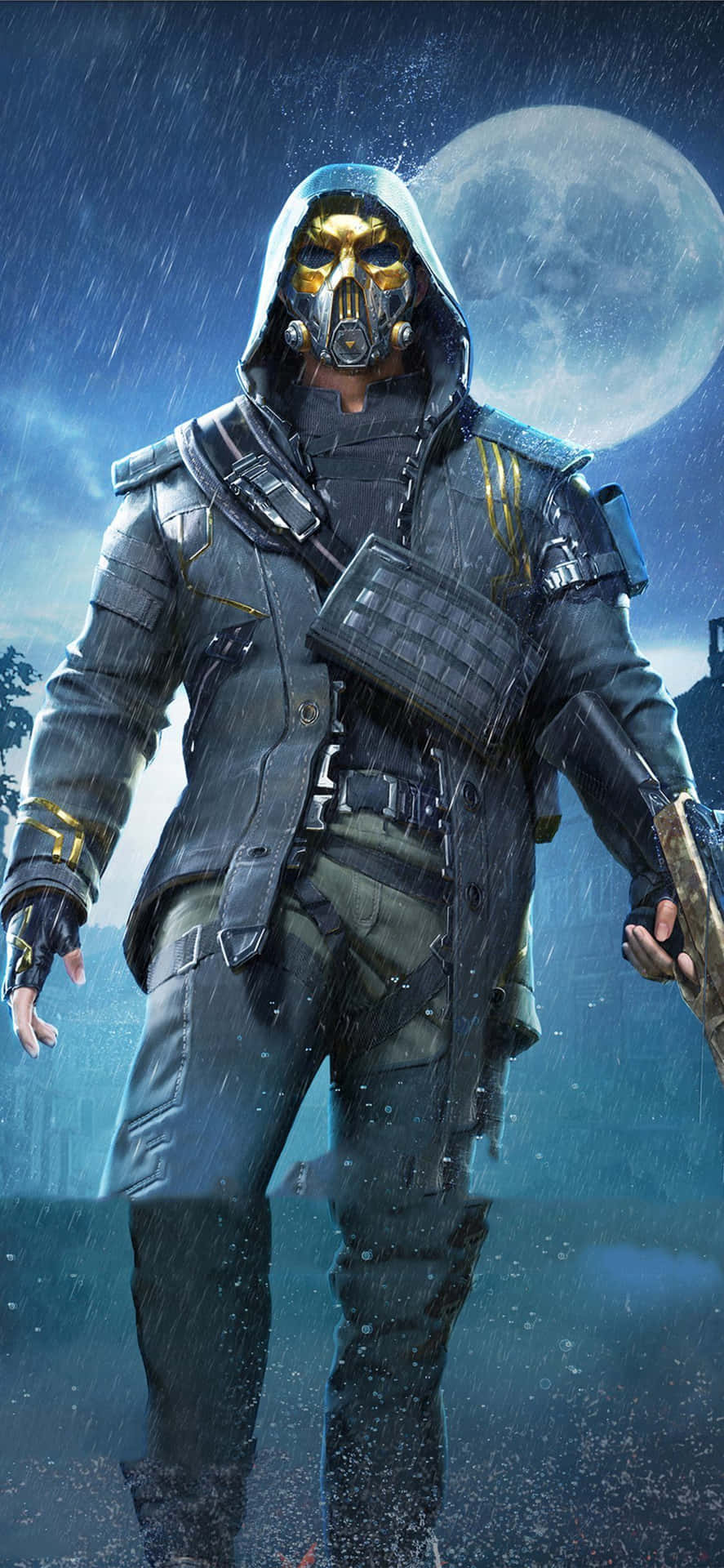 A Man In A Mask Is Standing In Front Of A Moon Background