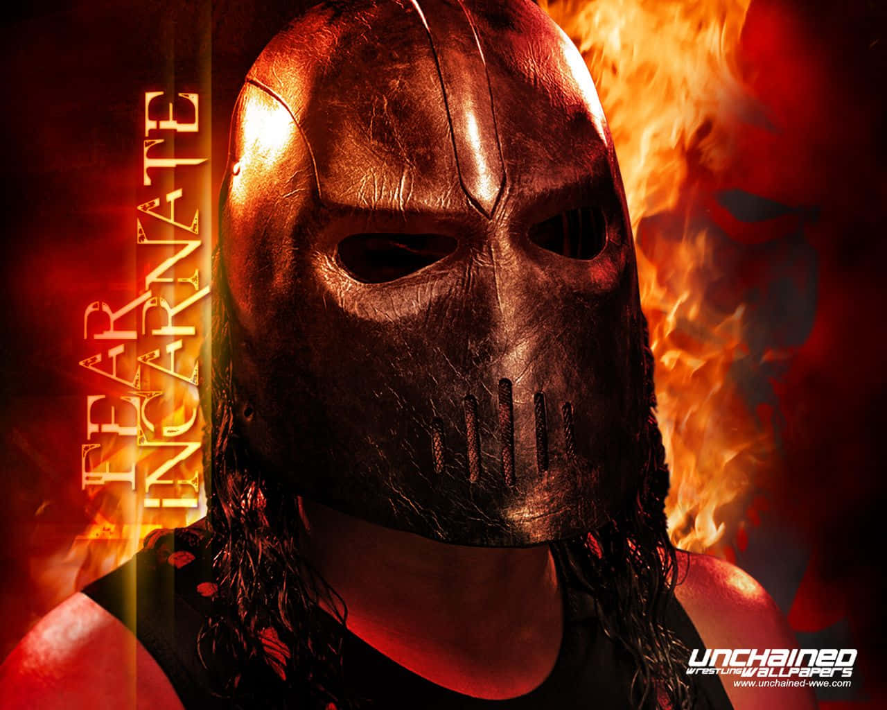 A Man In A Mask With Flames Behind Him Background