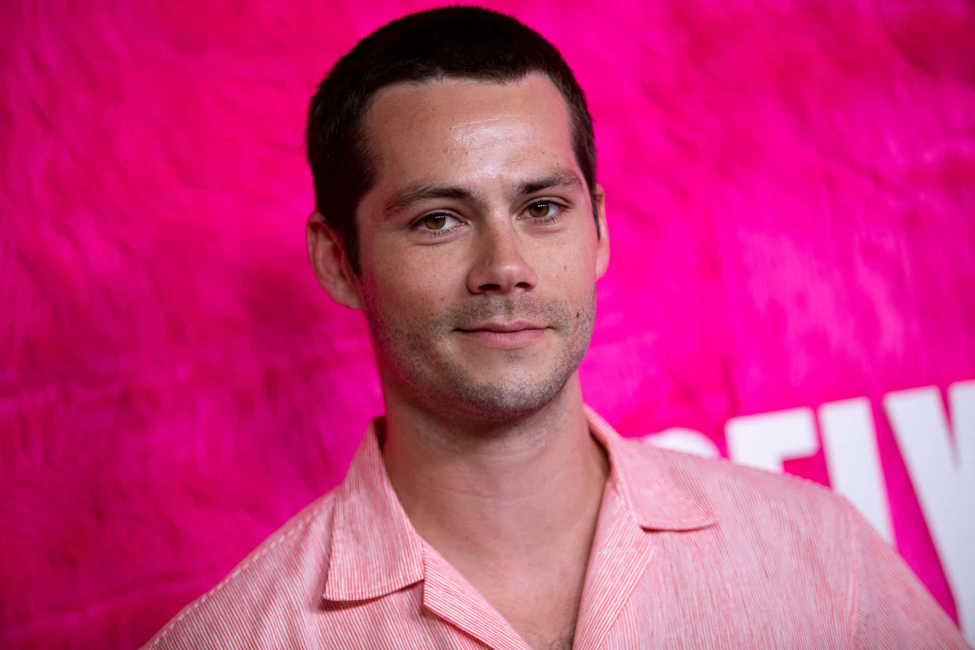 A Man In A Pink Shirt Is Posing For A Photo Background