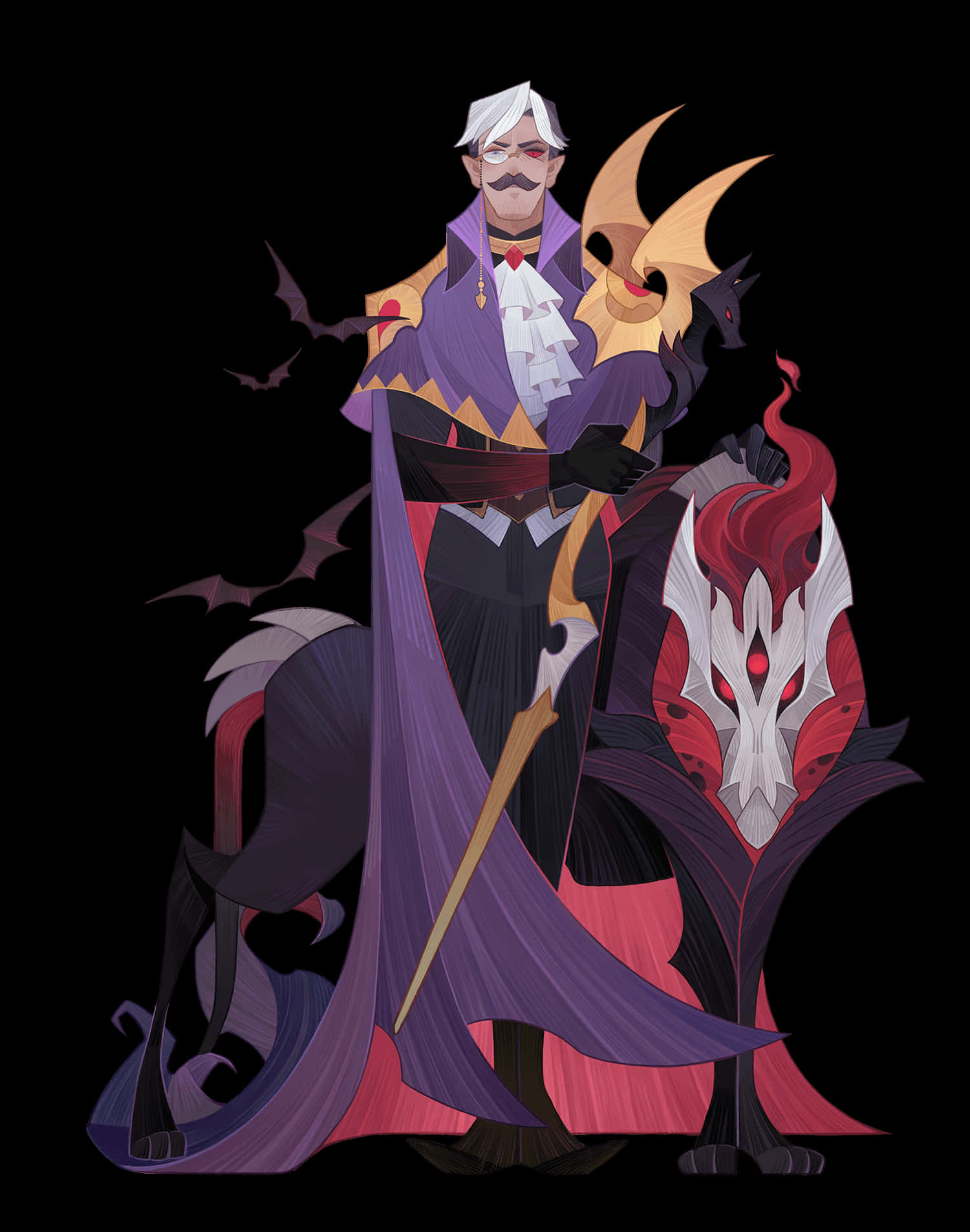 A Man In A Purple Costume With A Sword And A Wolf Background