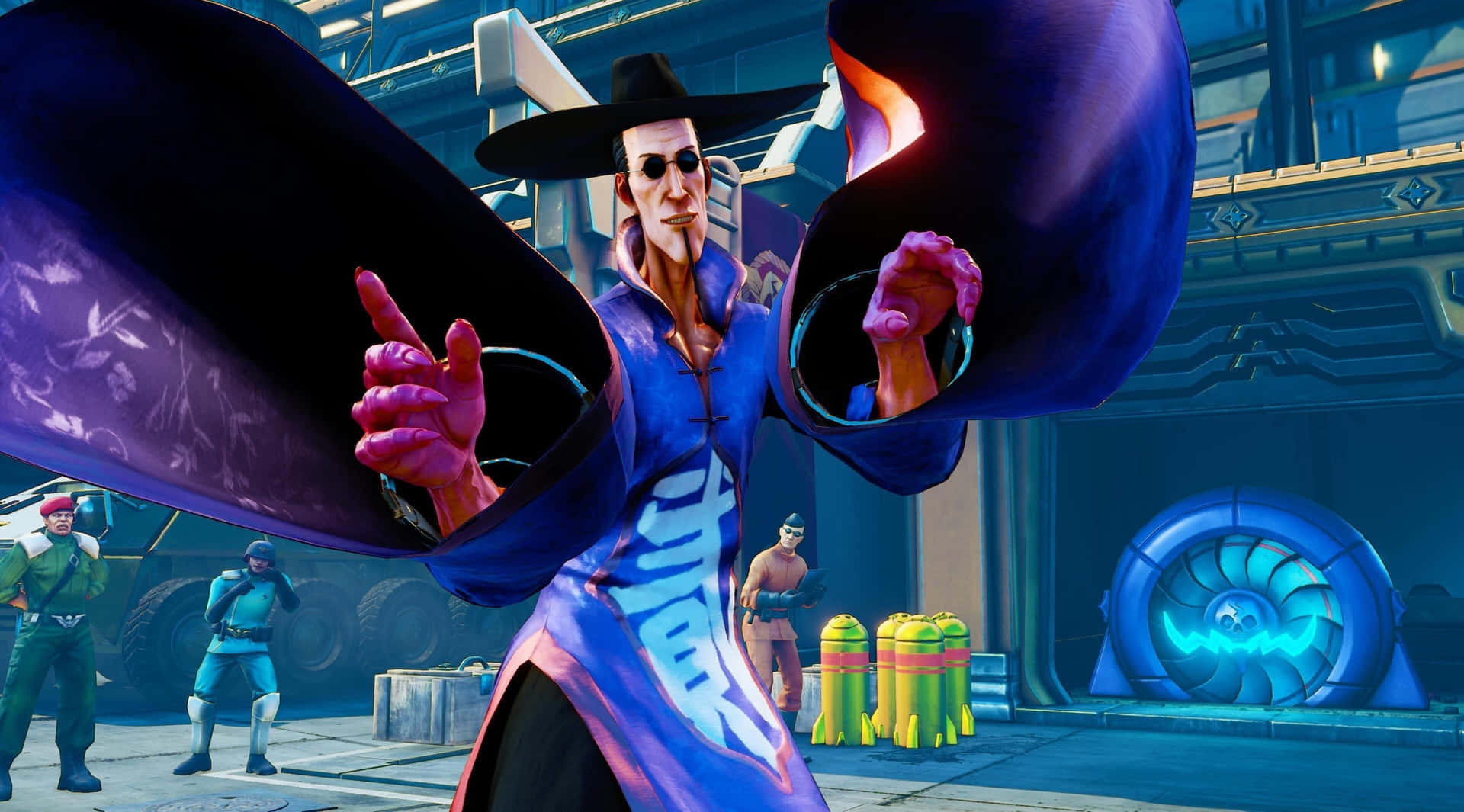 A Man In A Purple Hat Is Standing In Front Of A Group Of People