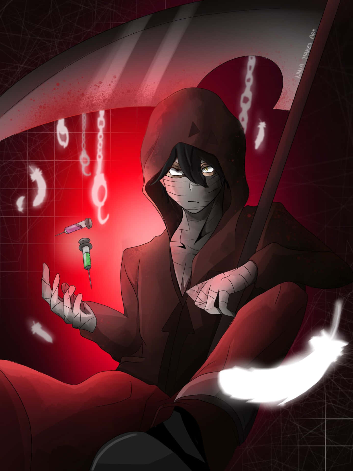 A Man In A Red Hoodie Holding A Scythe Background