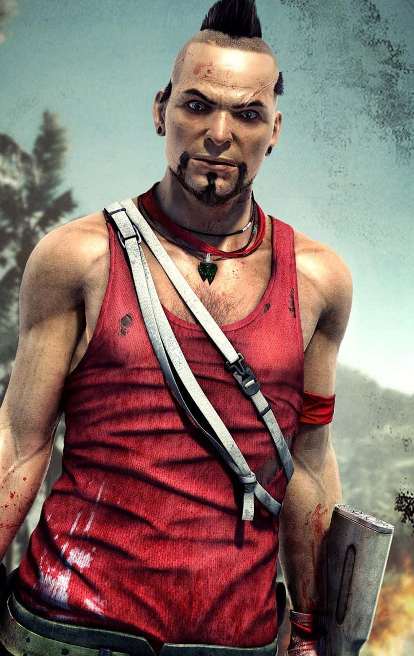 A Man In A Red Shirt Holding A Gun Background