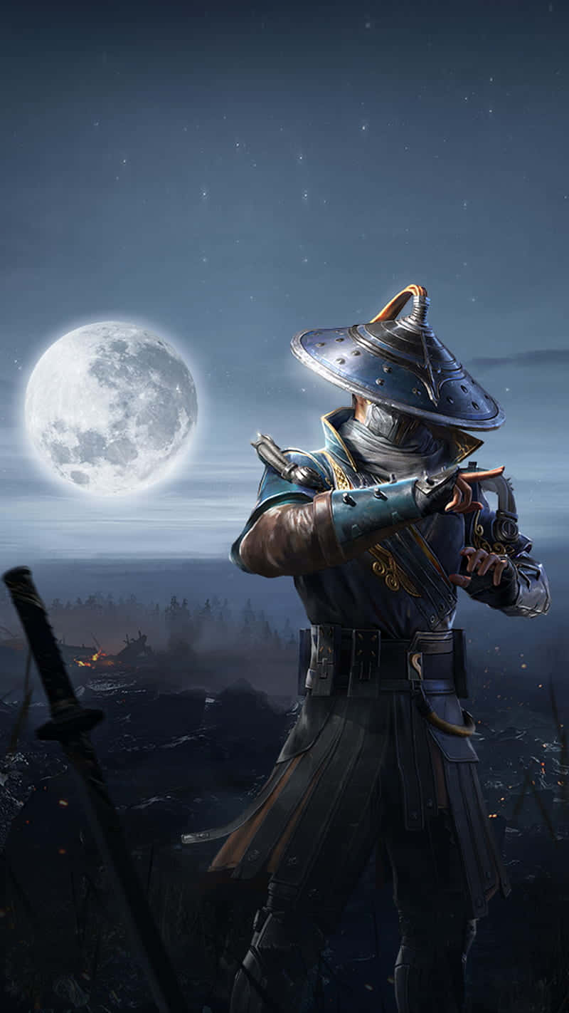 A Man In A Samurai Costume Standing In Front Of A Moon Background
