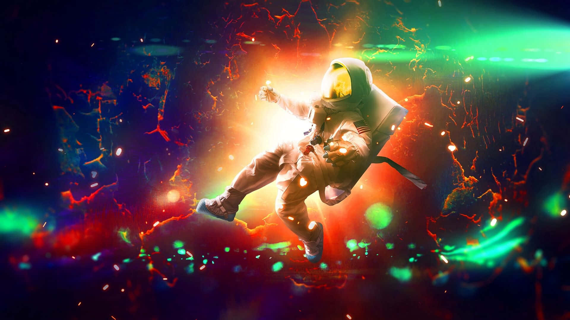 A Man In A Space Suit Flying Through The Air Background