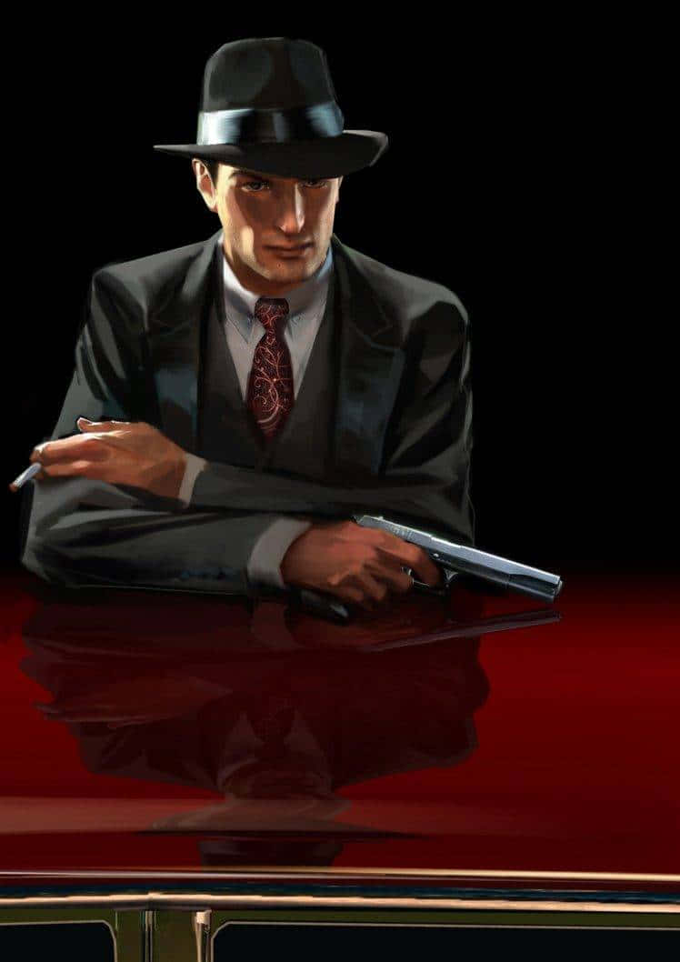 A Man In A Suit And Hat Is Holding A Gun Background