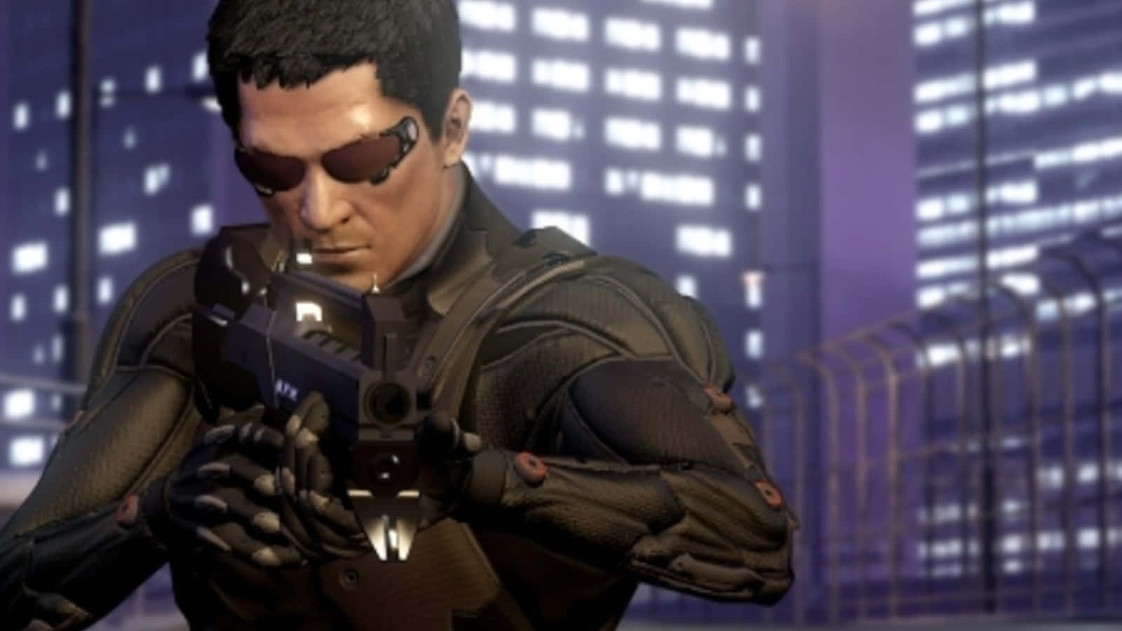 A Man In A Suit Holding A Gun In Front Of A City Background