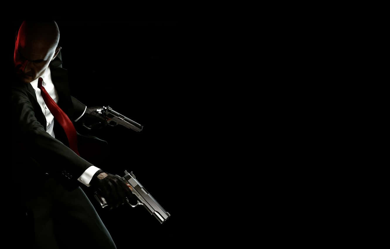 A Man In A Suit Holding Two Guns Background