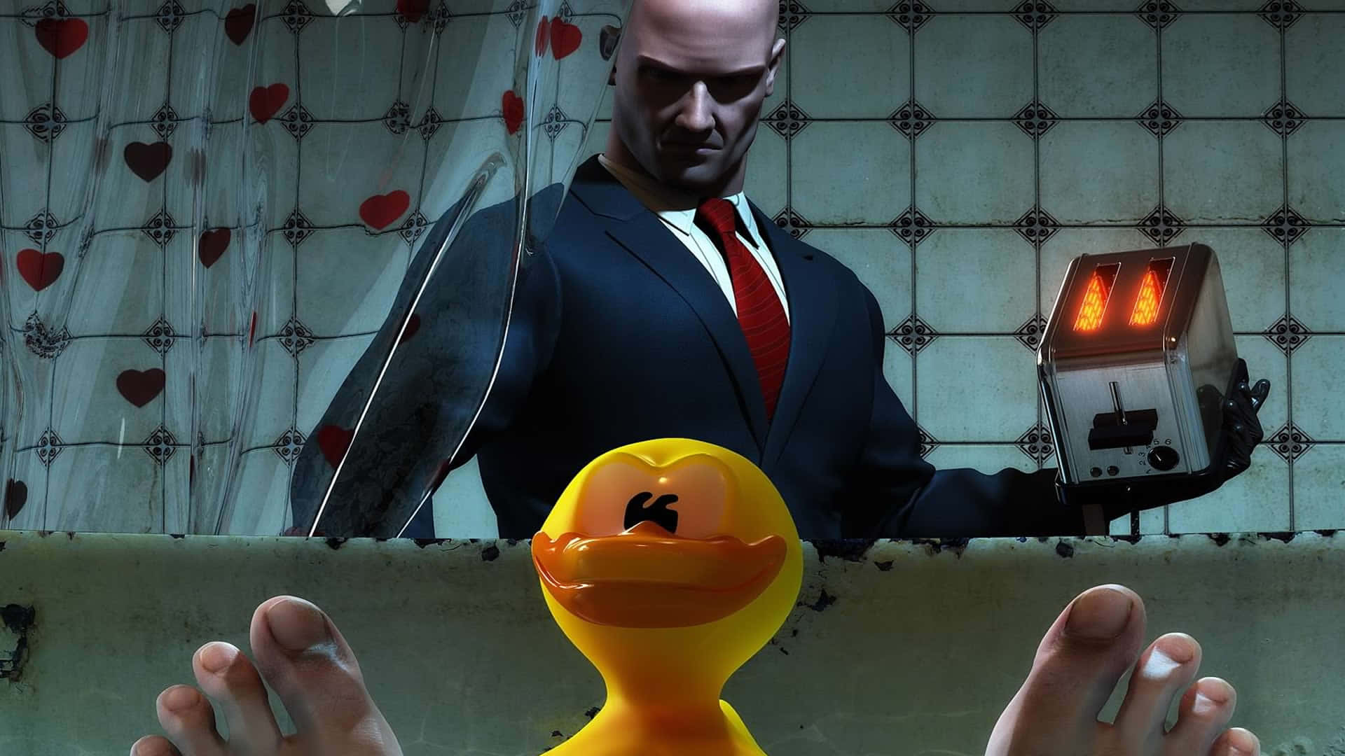 A Man In A Suit Is Holding A Rubber Duck Background