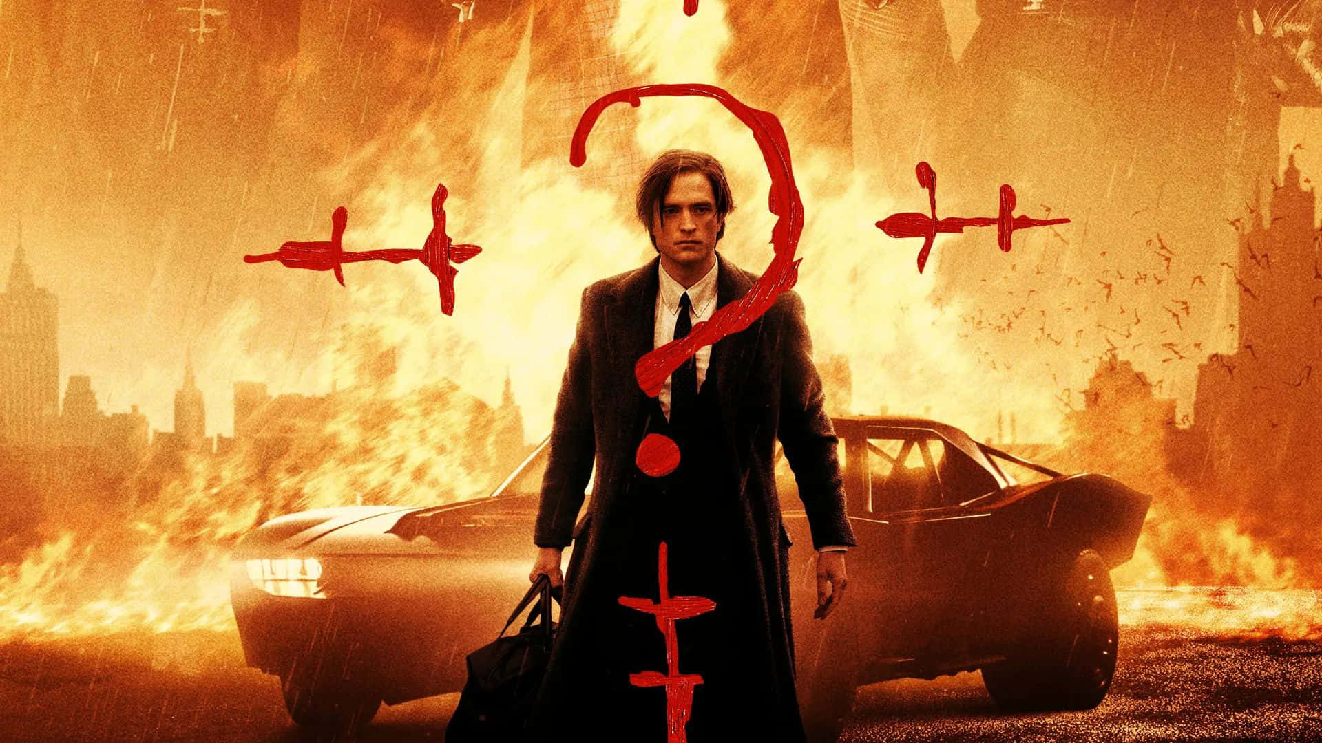 A Man In A Suit Is Standing In Front Of A Burning Car Background