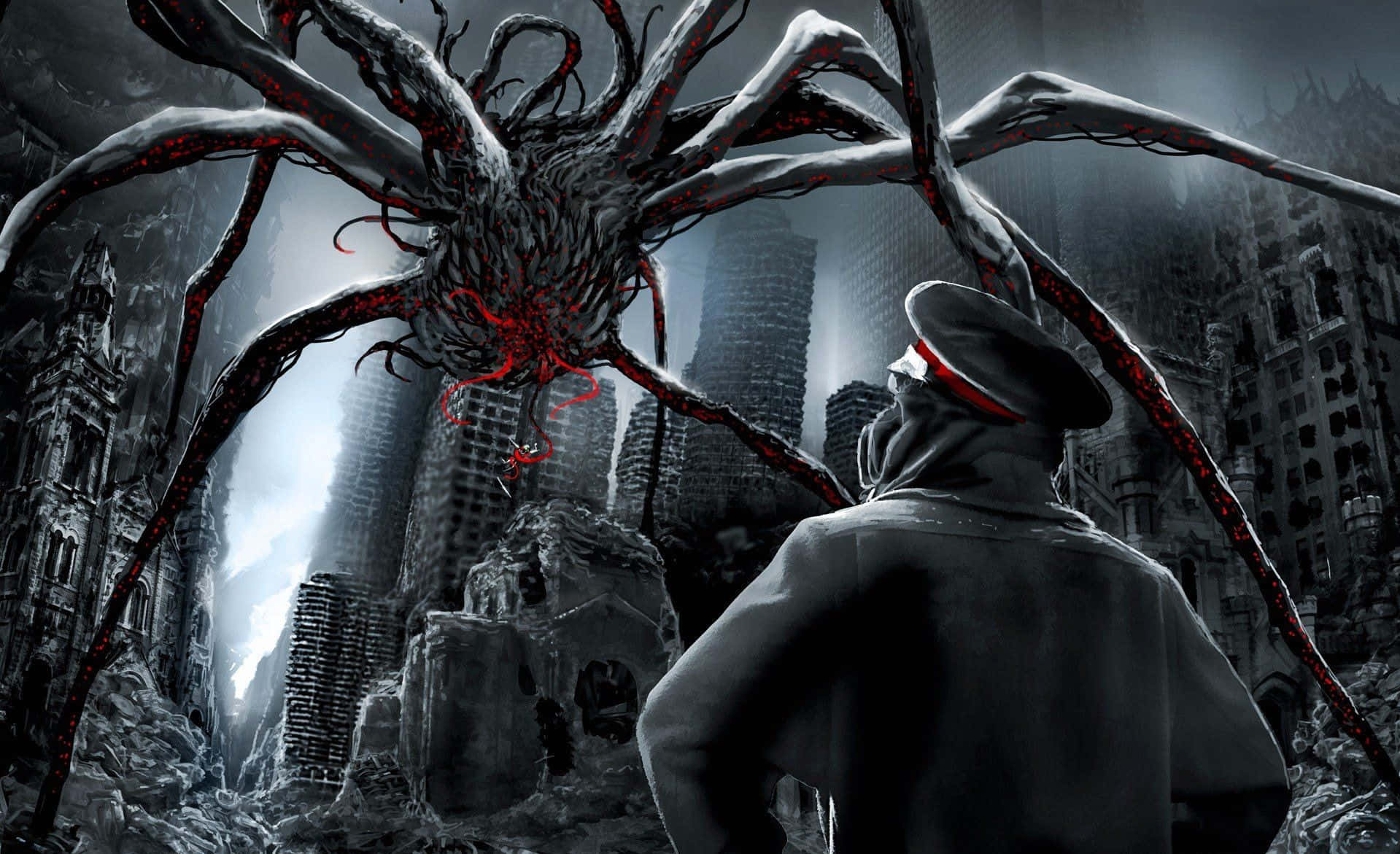 A Man In A Suit Is Standing Next To A Giant Spider Background