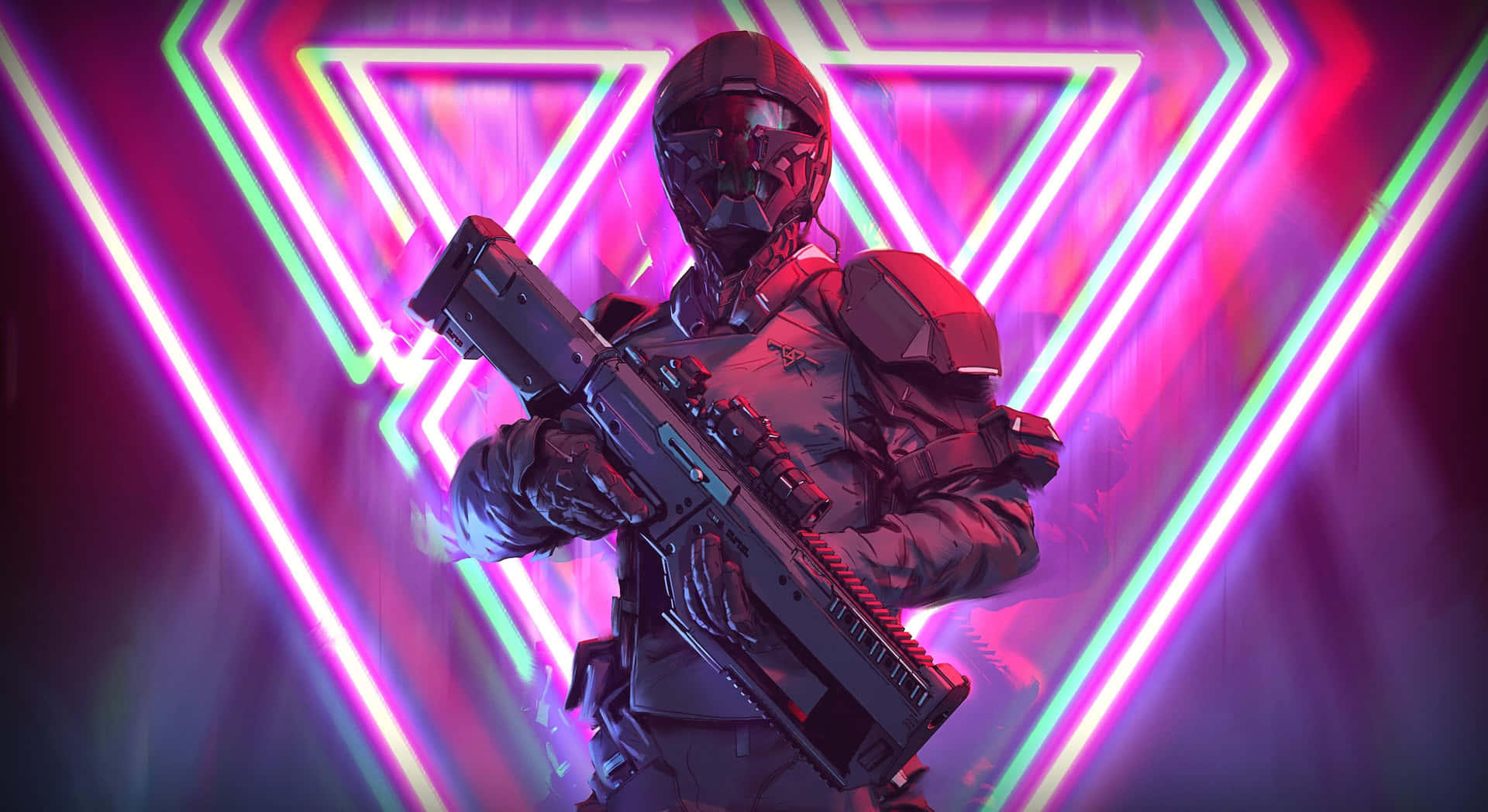 A Man In A Suit With A Gun In Front Of A Neon Background Background
