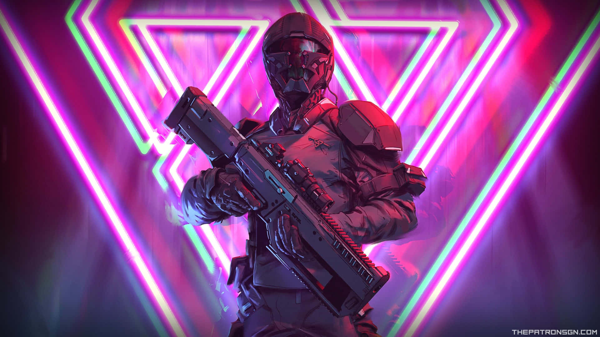 A Man In A Suit With A Gun In Front Of A Neon Neon Background Background