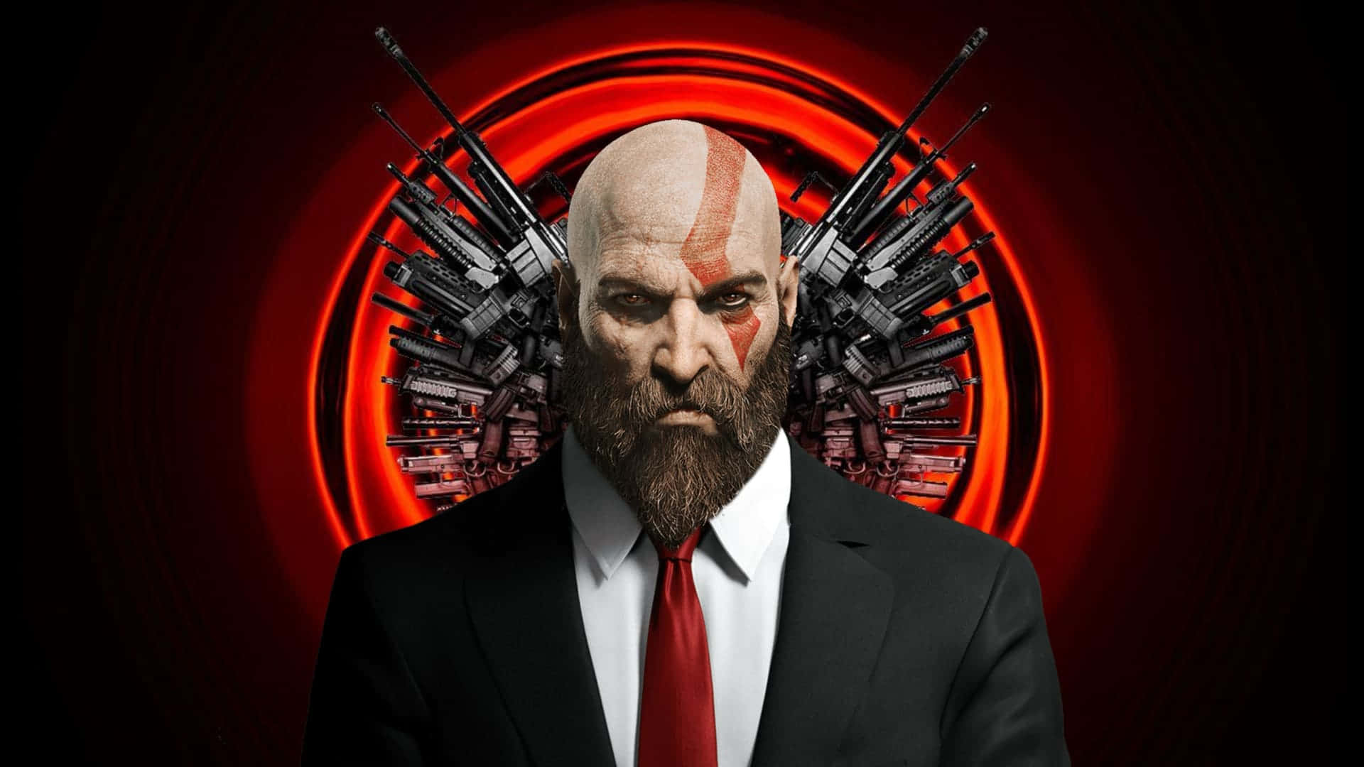 A Man In A Suit With Guns In Front Of Him Background