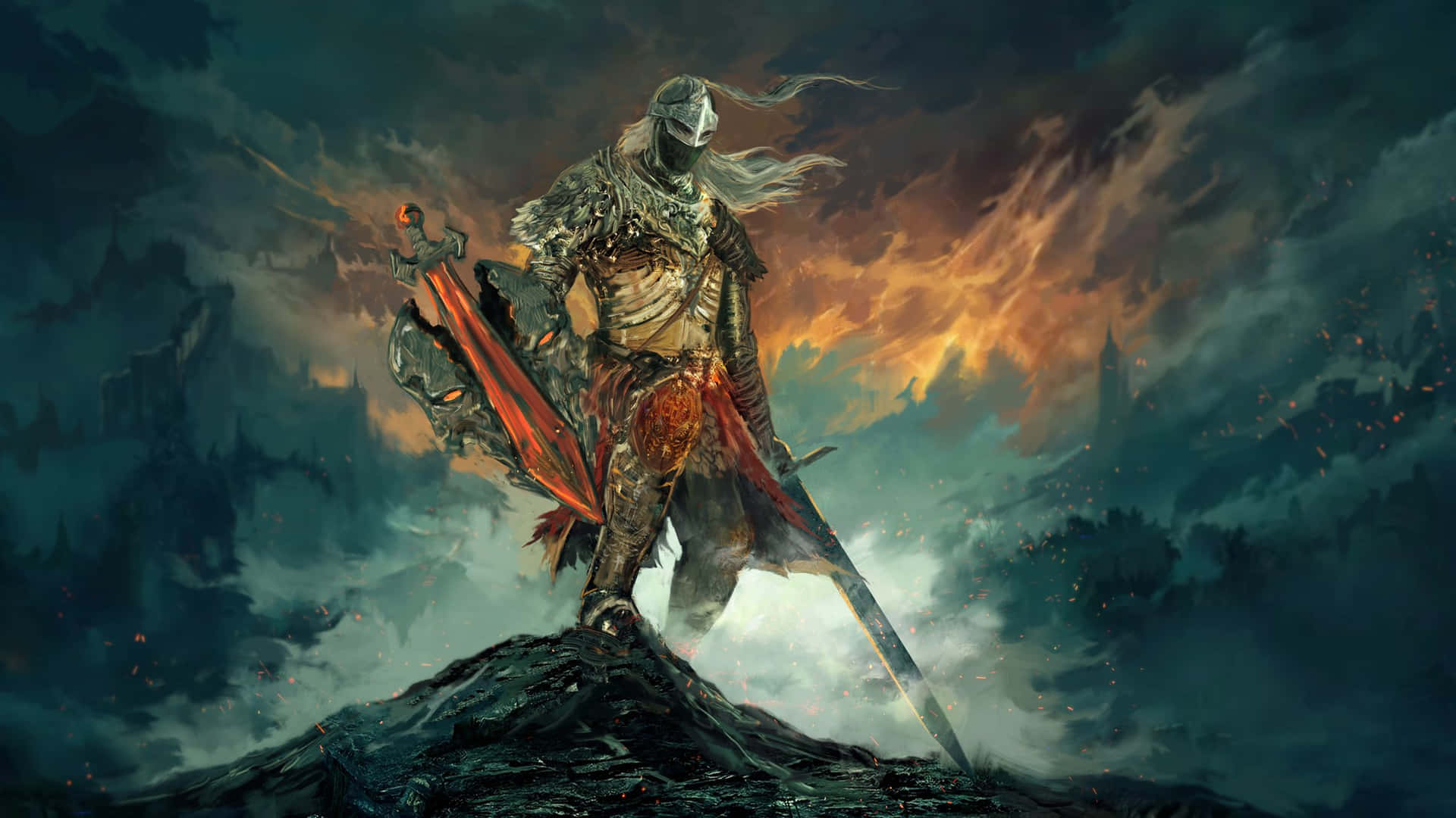 A Man In A Sword And Armor Standing On A Mountain Background