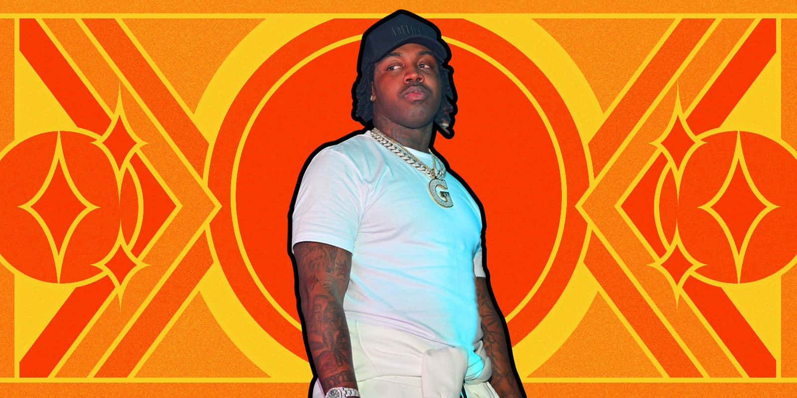 A Man In A White Shirt Standing In Front Of An Orange And Yellow Background Background