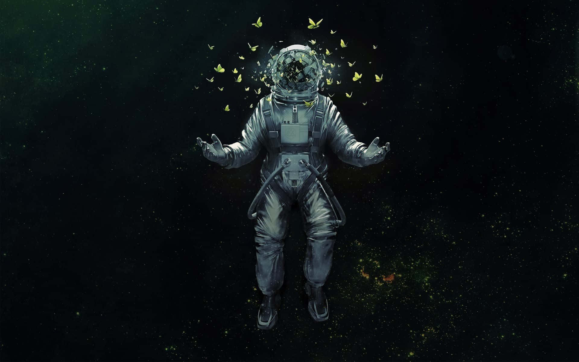 A Man In An Astronaut Suit With Butterflies Flying Around Him Background