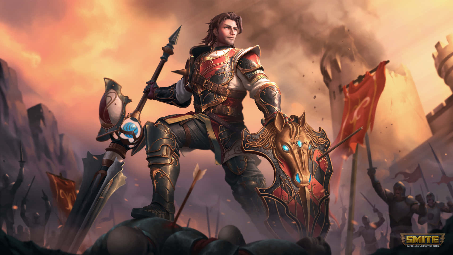 A Man In Armor Standing In Front Of A Castle