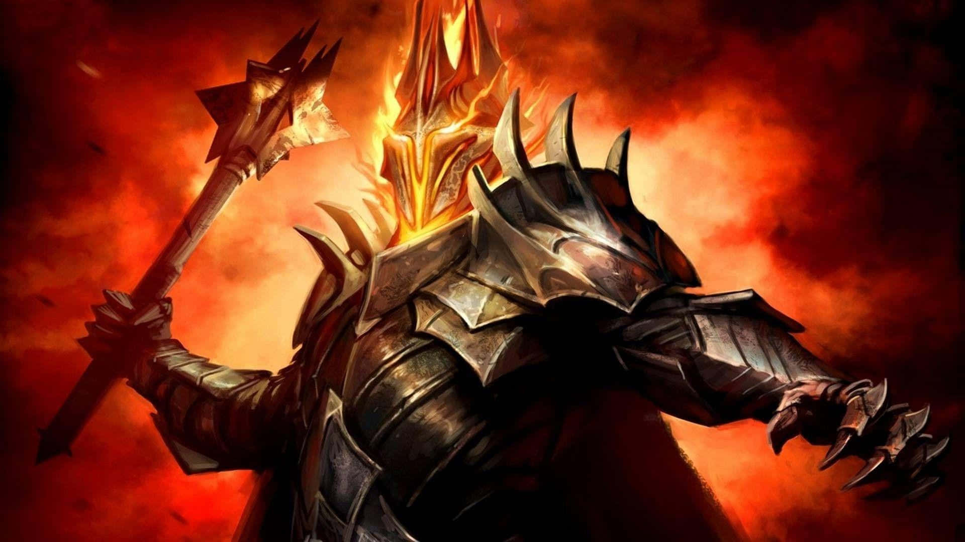 A Man In Armor With A Sword And A Torch Background
