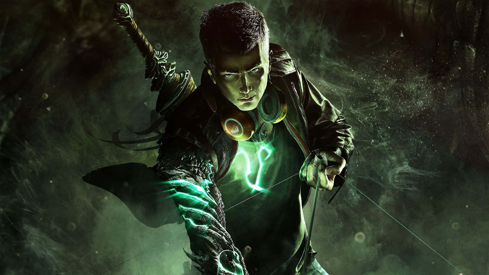 A Man In Green With A Sword In His Hand Background